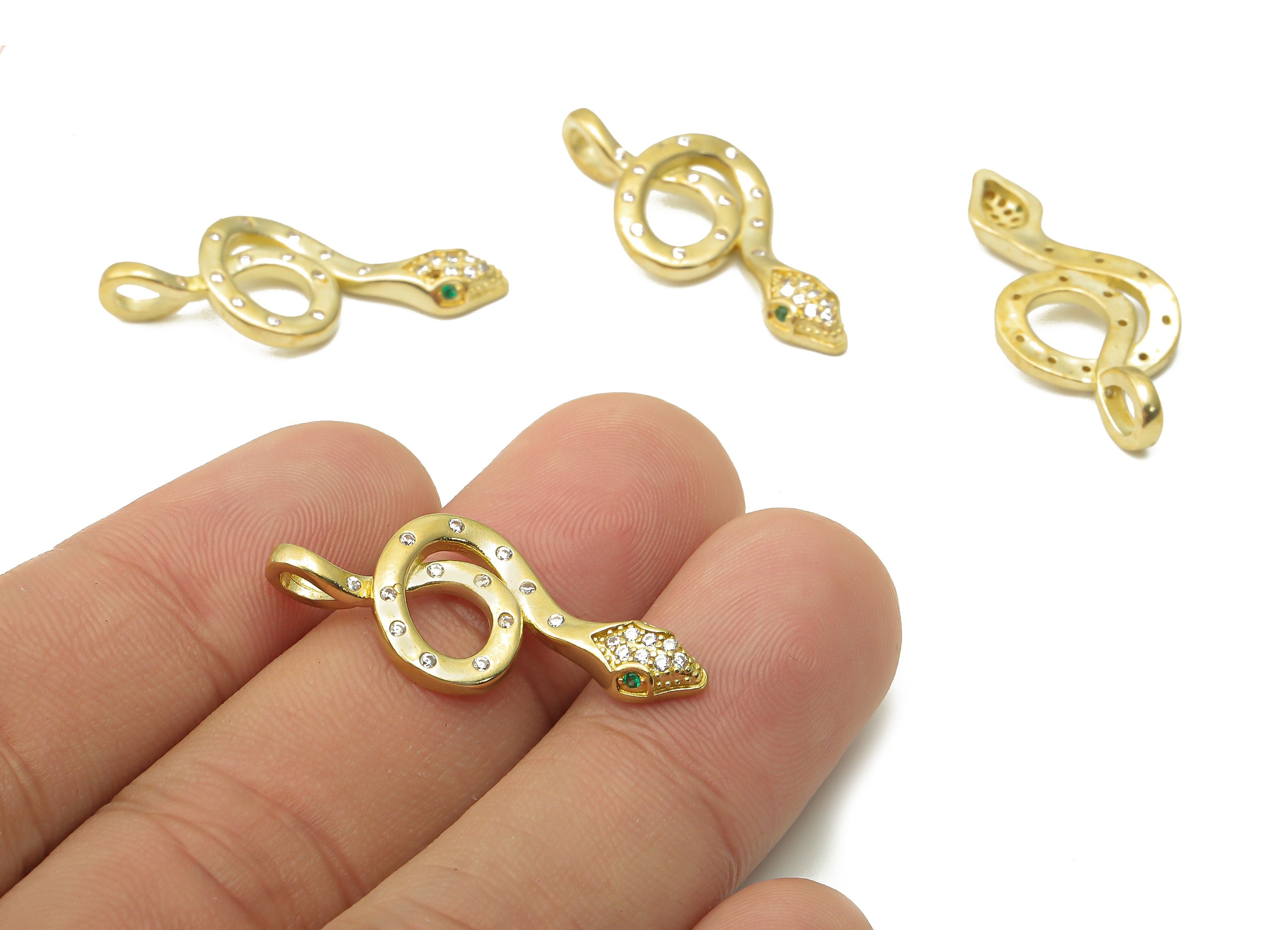 Brass Snake Charms - Raw Brass Dot Snake Necklace with Zircons - Snake Pendant With Green Eye - Earring Charm - 30.9x14.8x3.8mm - PP7653 - DOMEDBAZAAR