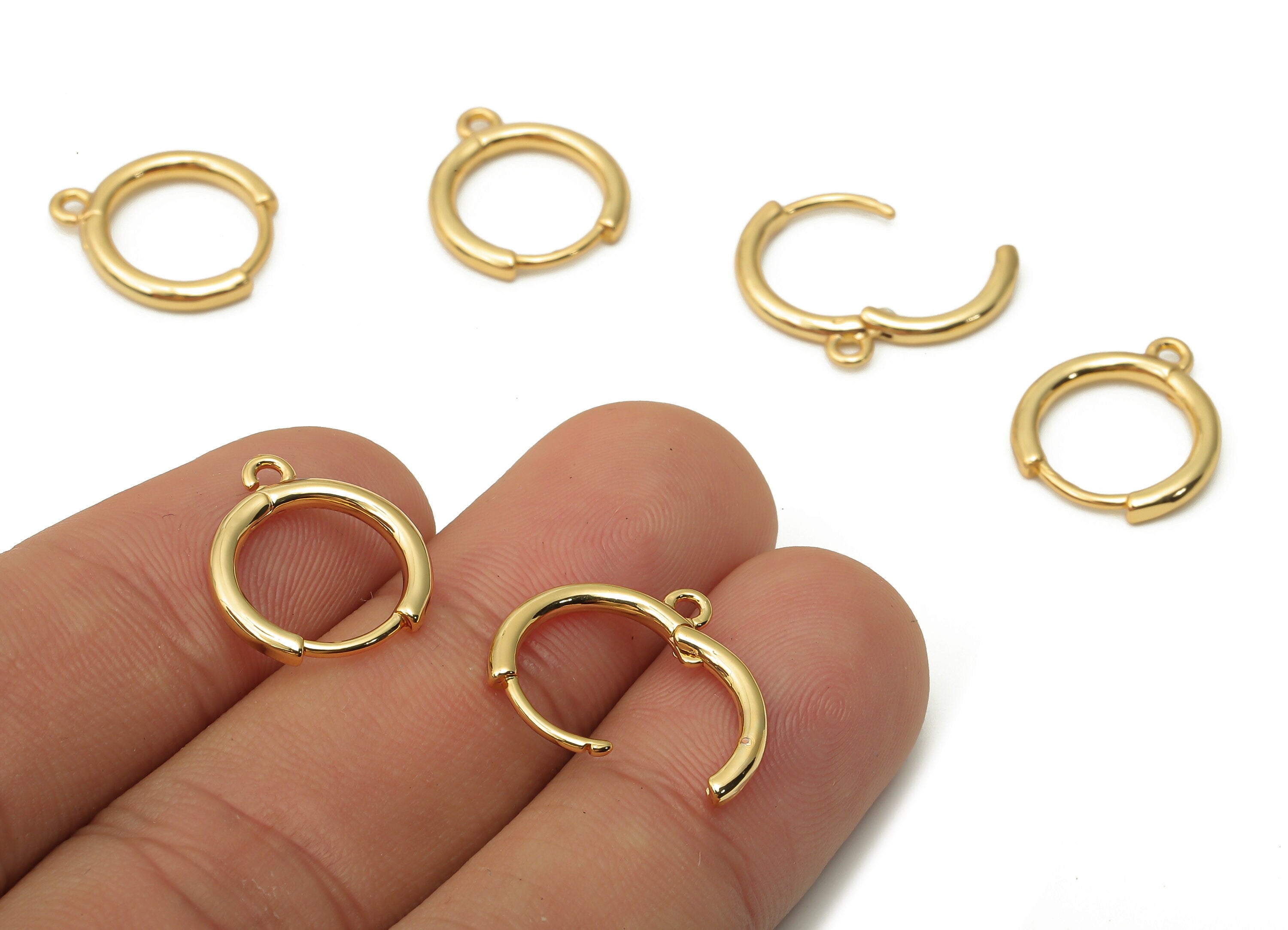 Brass Round Earrings Clasps - Brass Huggie Hoop Earrings - Brass Hoop Clasps With Loop - Real Gold Tone Plated - 15.53x13.9x1.8mm - RGP4737 - DOMEDBAZAAR