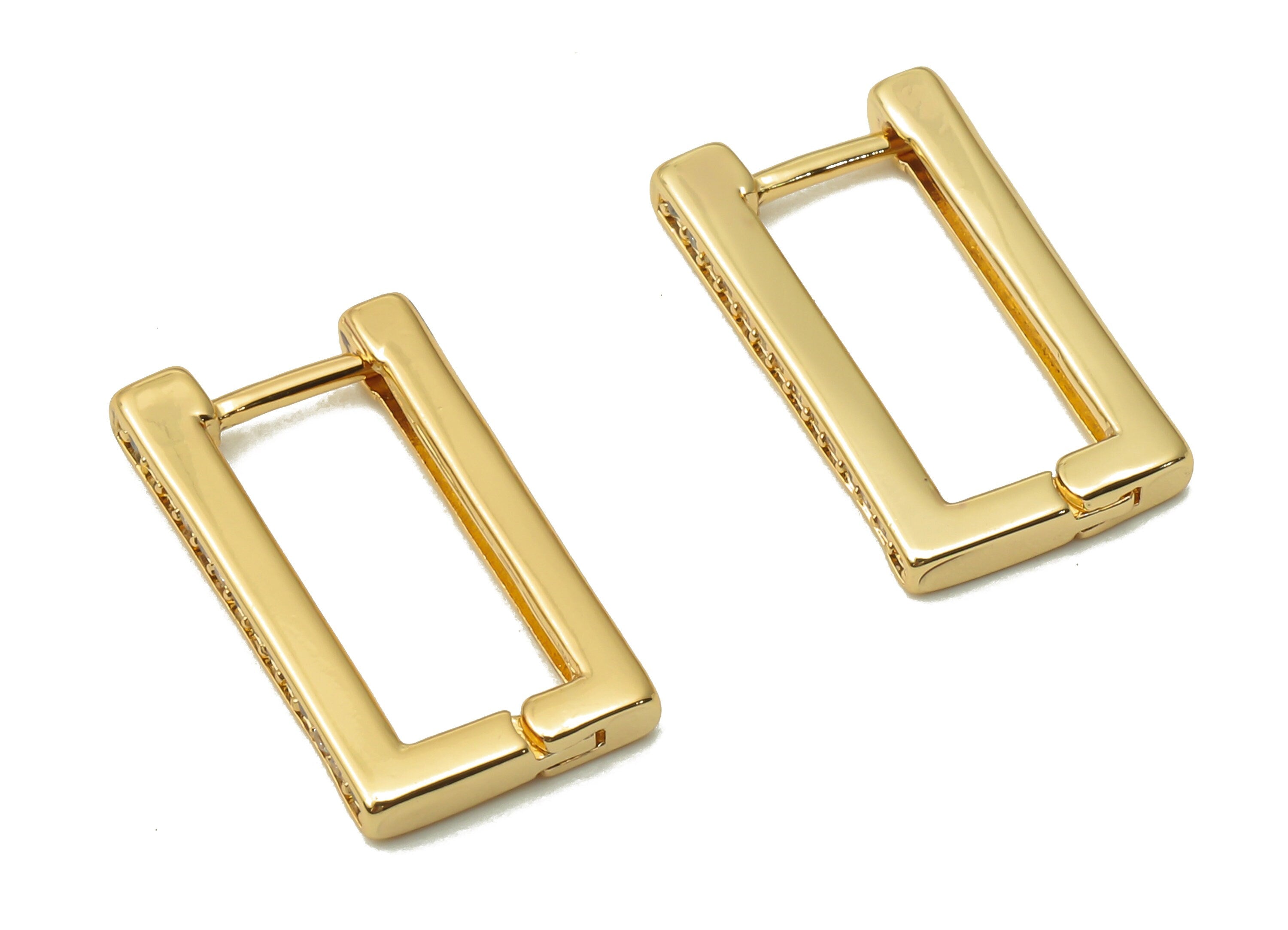 Brass Rectangle Earrings With Zircon - Brass Earrings Clasps -Rectangle Clasps - 18K Real Gold Tone Plated - 16.81x9.5x2.19mm - RGP4738 - DOMEDBAZAAR