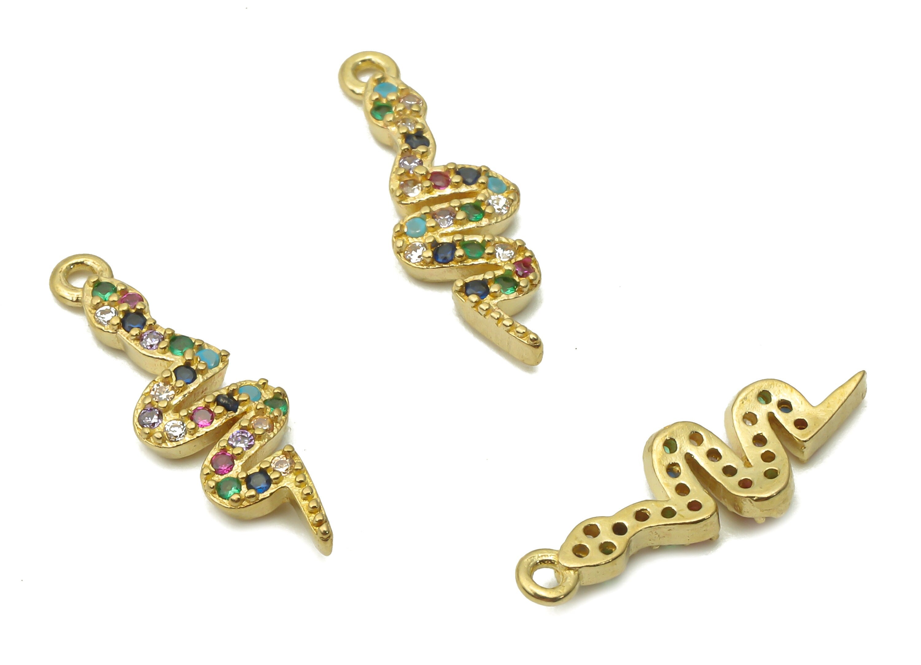 Brass Snake Earring Charms - Raw Brass Rainbow Snake Pendant with Zircons - Brass Snake Necklace - Earring Charm - 17.9x5.6x1.7mm - PP7666 - DOMEDBAZAAR