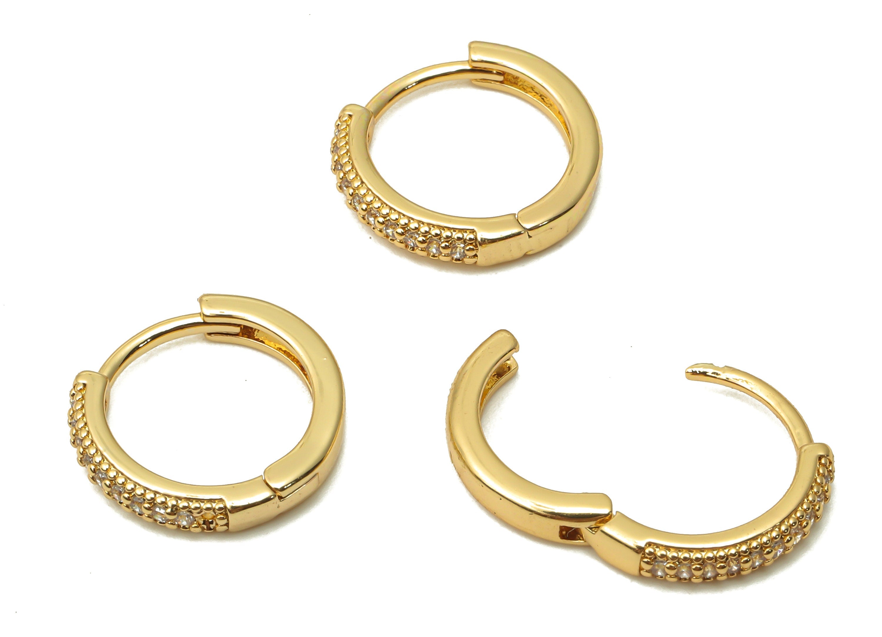 Brass Round Earrings Clasps With Zircon - Textured Brass Round Huggie Hoop Clasps - 18K Real Gold Tone Plated - 13.98x13.98x2.22mm - RGP4739 - DOMEDBAZAAR