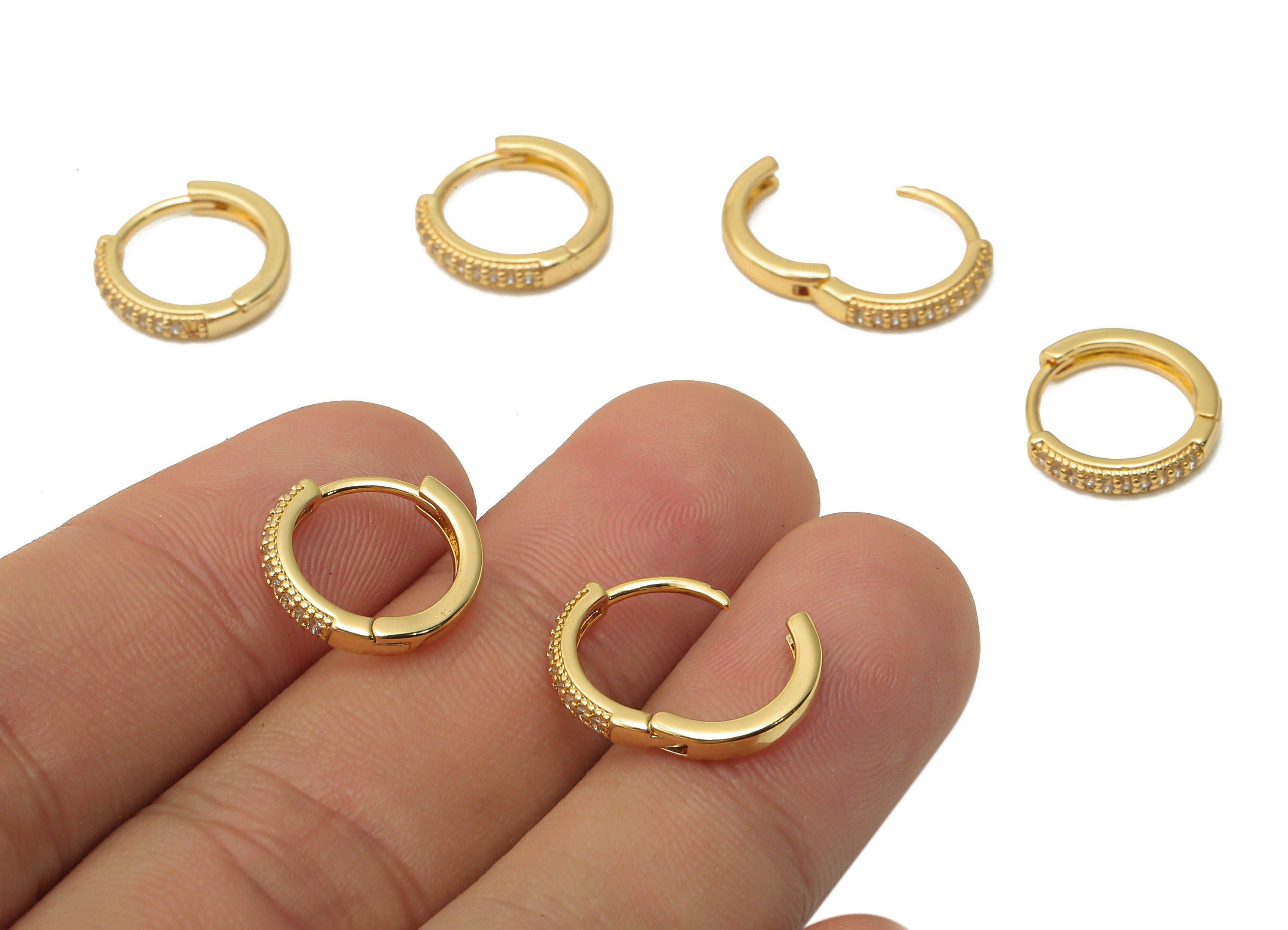 Brass Round Earrings Clasps With Zircon - Textured Brass Round Huggie Hoop Clasps - 18K Real Gold Tone Plated - 13.98x13.98x2.22mm - RGP4739 - DOMEDBAZAAR