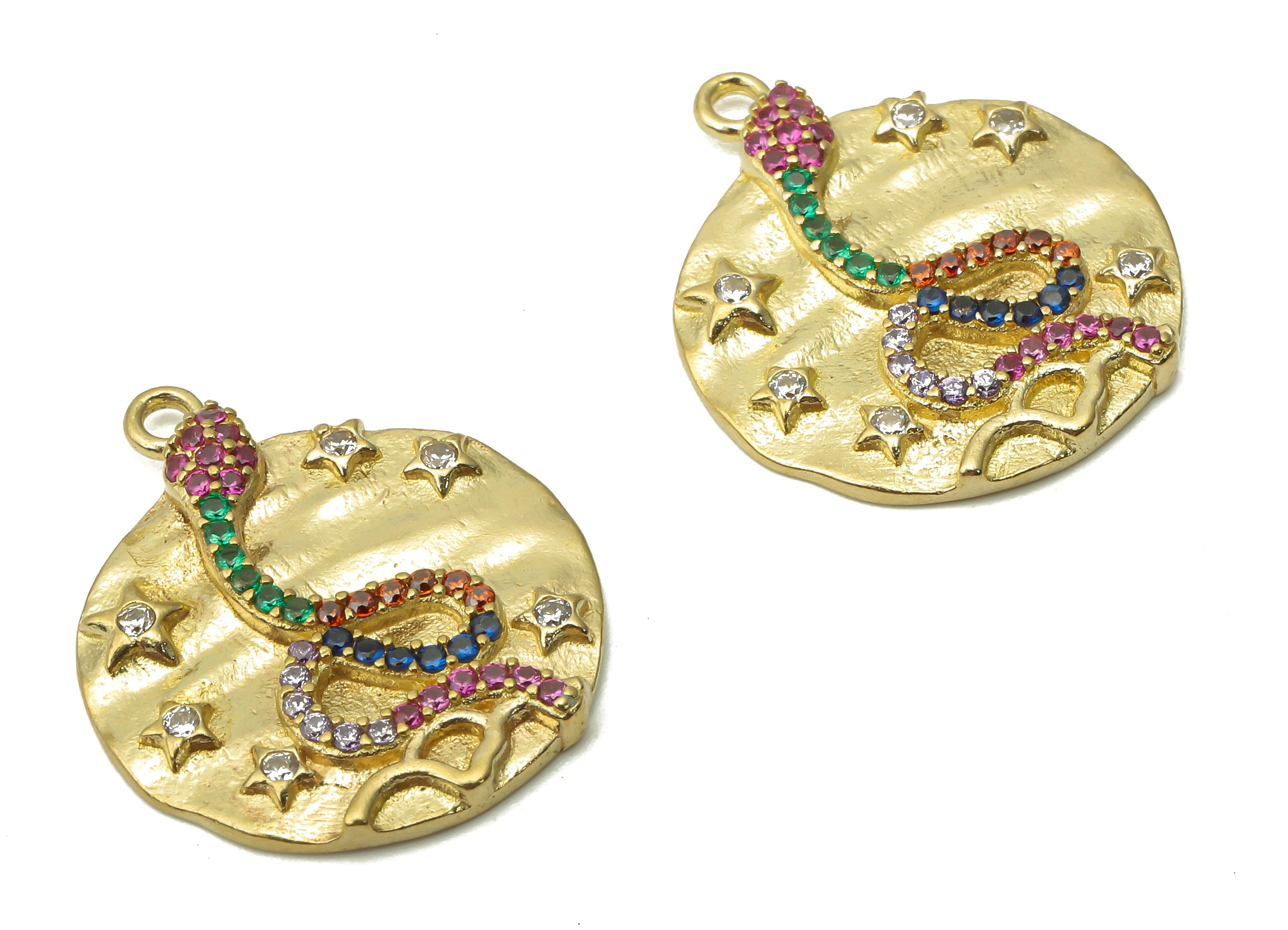Brass Round Snake Earring Charms - Raw Brass Round Snake Star Pendant with Zircons - Brass Round Star Necklace - 21.8x18.61x2.46mm - PP7676 - DOMEDBAZAAR