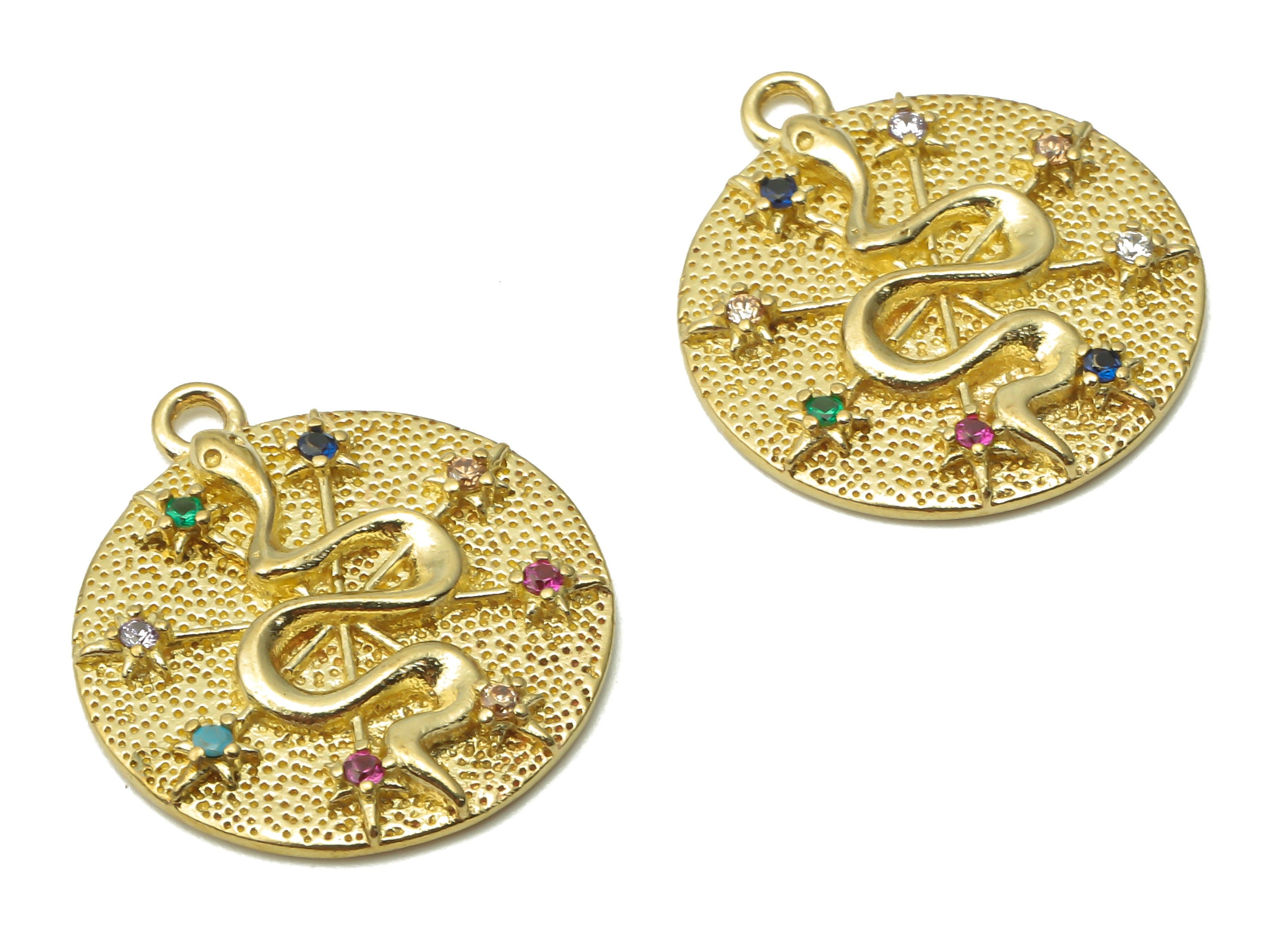 Brass Round Snake Earring Charms - Raw Brass Round Snake Star Pendant with Zircons - Brass Round Star Necklace - 20.2x17.8x2.44m - PP7677 - DOMEDBAZAAR