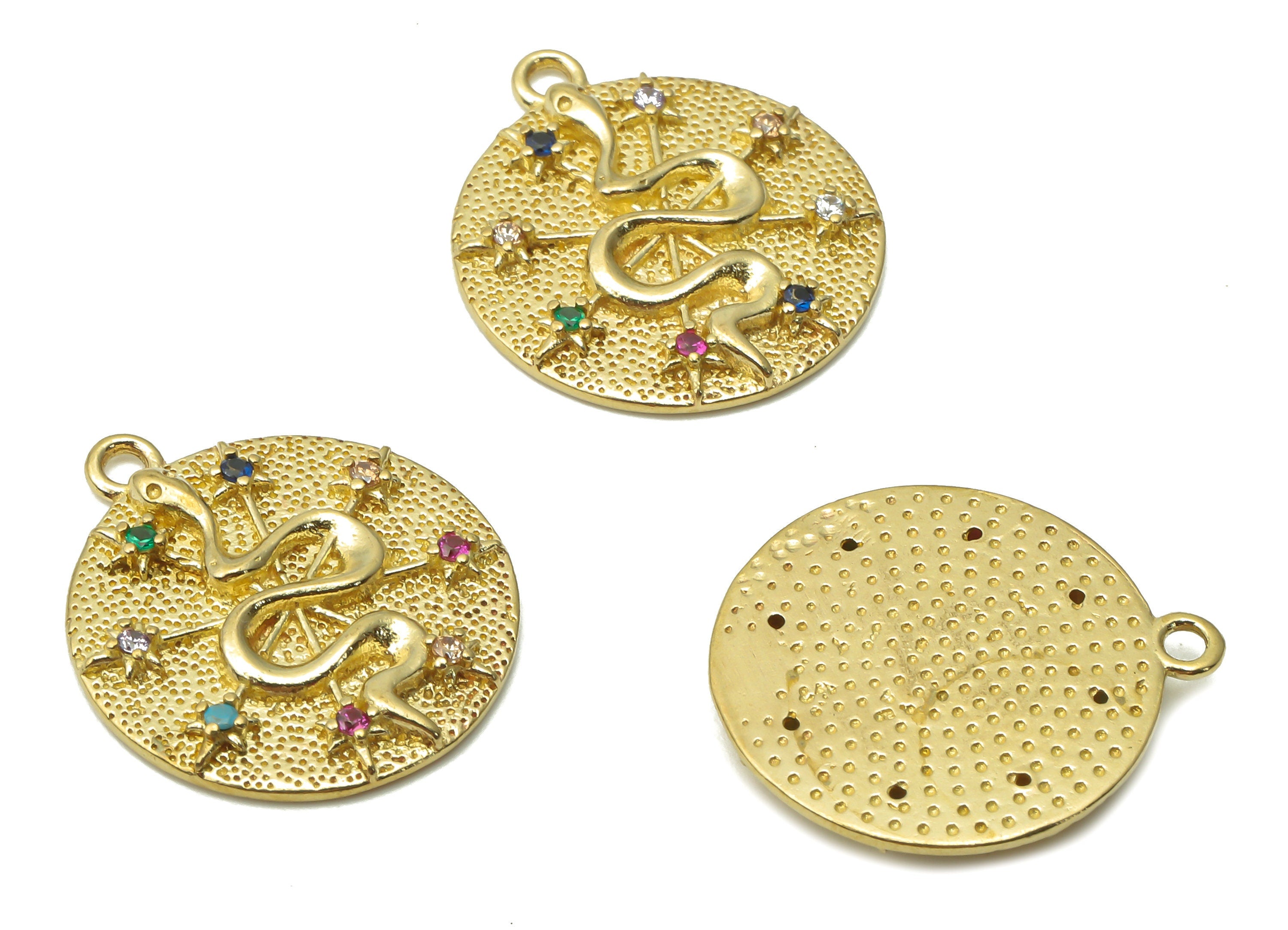 Brass Round Snake Earring Charms - Raw Brass Round Snake Star Pendant with Zircons - Brass Round Star Necklace - 20.2x17.8x2.44m - PP7677 - DOMEDBAZAAR