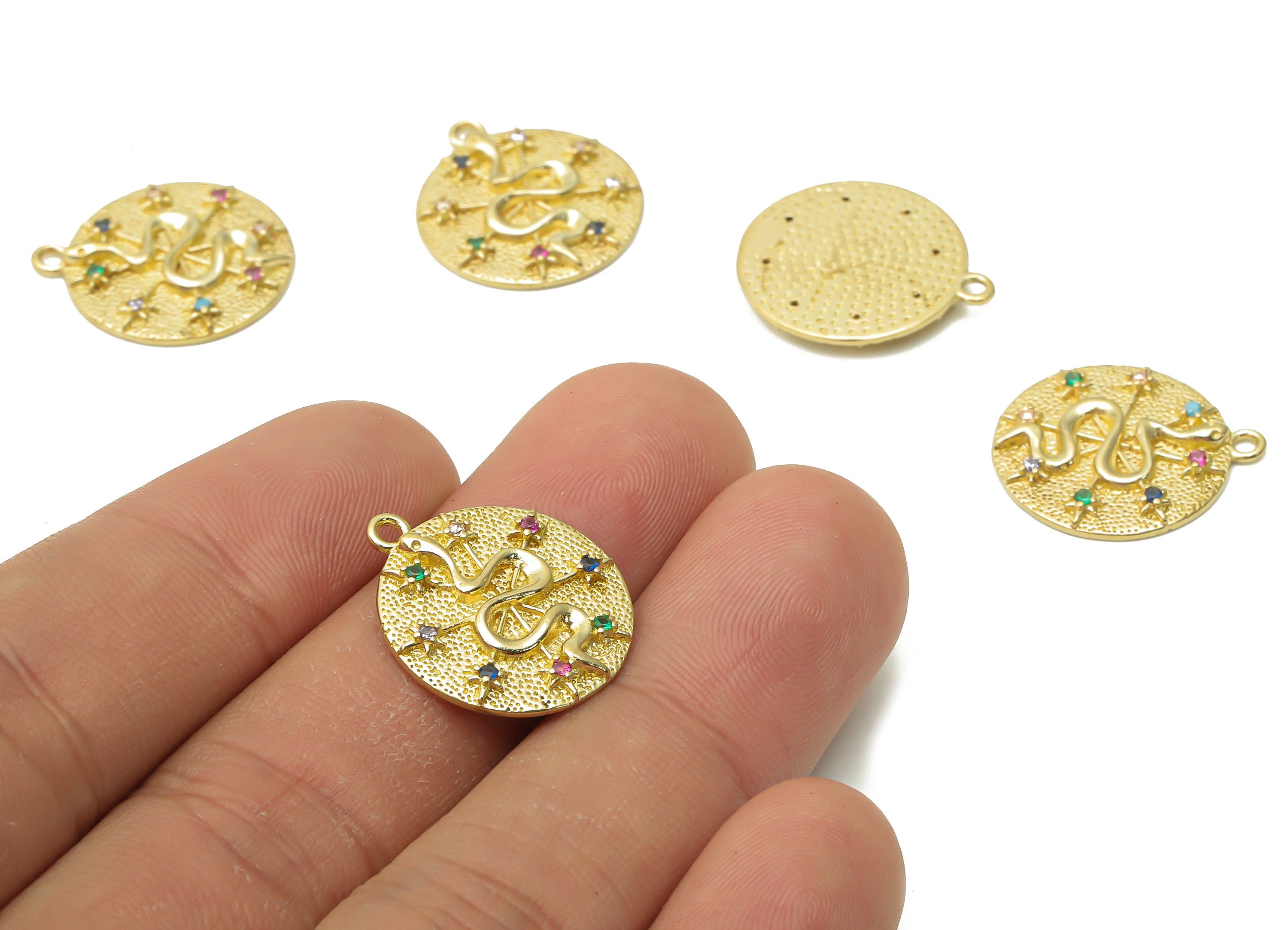 Brass Round Snake Earring Charms - Raw Brass Round Snake Star Pendant with Zircons - Brass Round Star Necklace - 20.2x17.8x2.44m - PP7677 - DOMEDBAZAAR