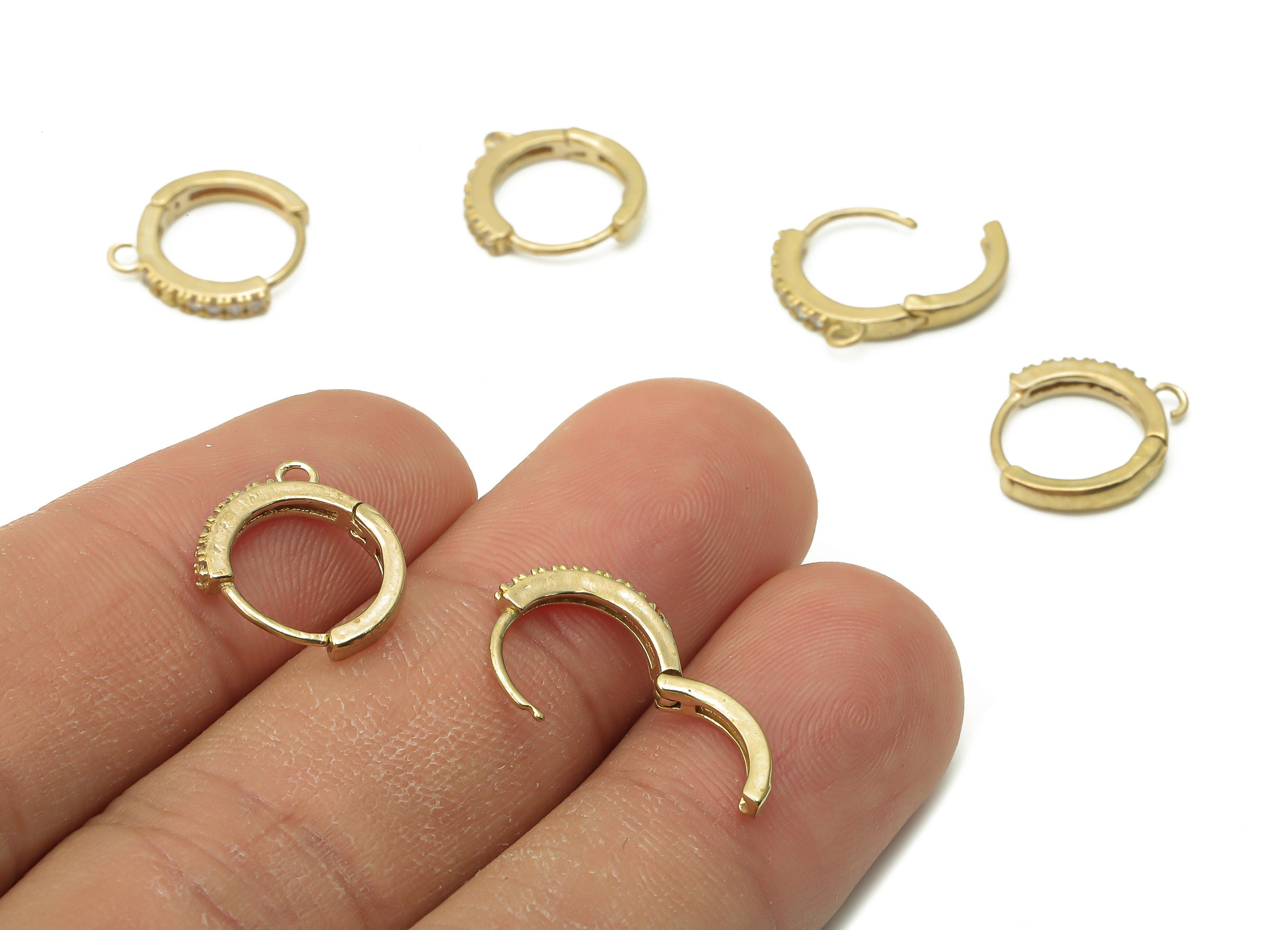 Brass Hoop Earring Charms - Raw Brass Huggie Hoop Earring With Zircon - Brass Round Hoop Earrings With Loop - 14.2x12.7x1.76mm - PP7684 - DOMEDBAZAAR