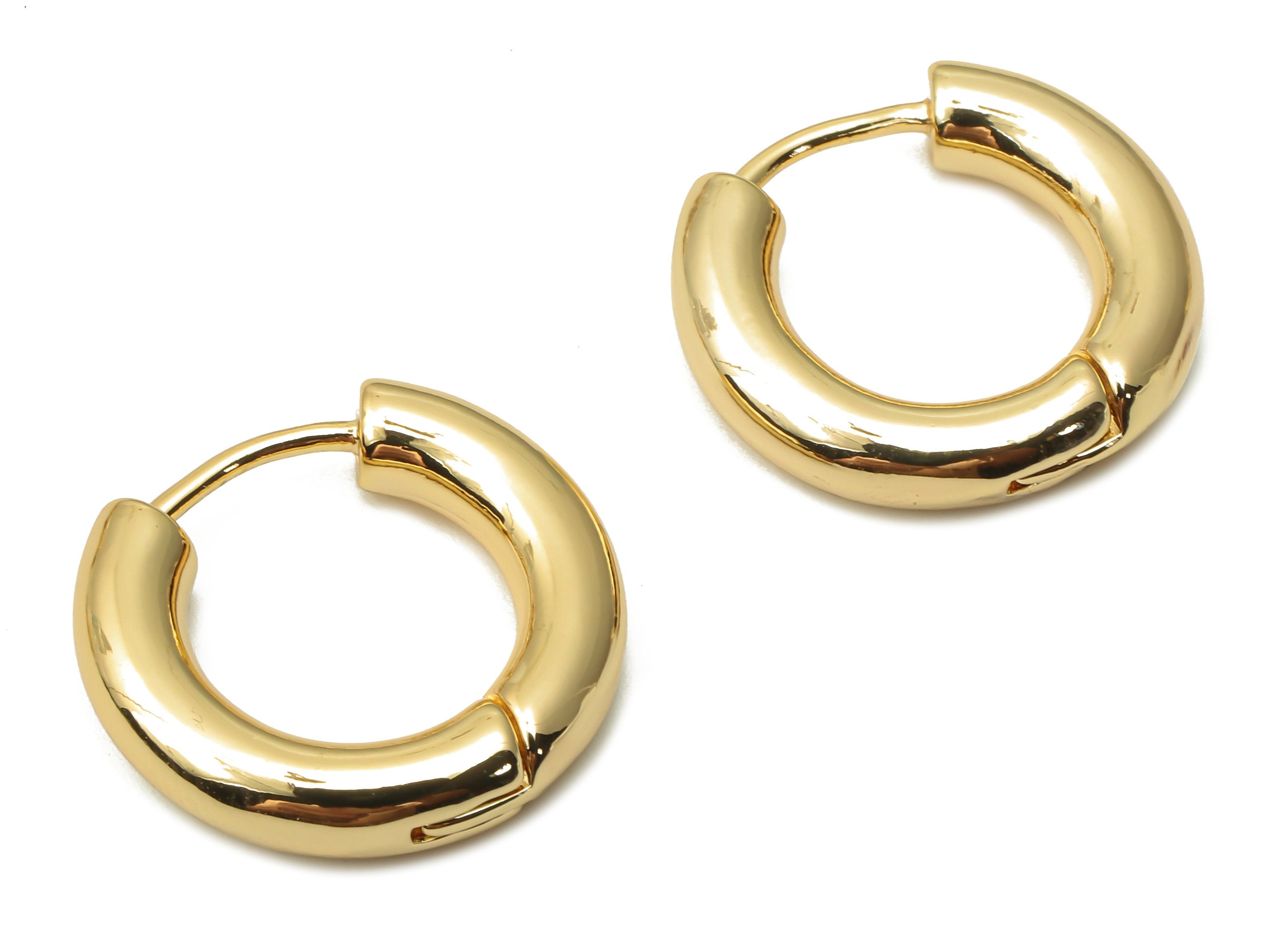 Brass Circle Earrings Clasps - Brass Thick Hoop Earrings - Brass Huggie Hoop - 18K Real Gold Tone Plated - 21.34x19.9x4.39mm - RGP4741 - DOMEDBAZAAR