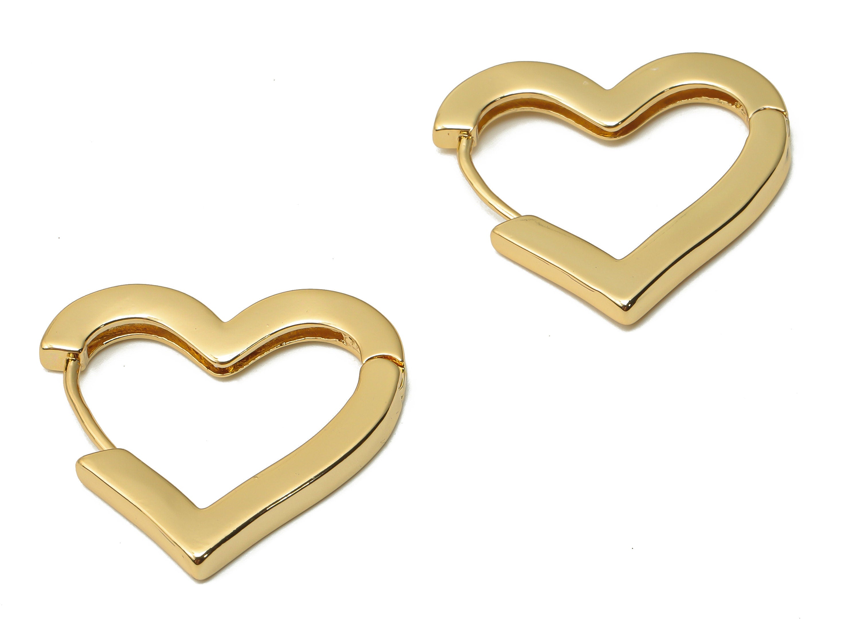 Brass Heart Hoop Earrings Clasps - Brass Huggie Hoop Earrings Clasps - 18K Real Gold Tone Plated - 26.82x24.3x2.73mm - RGP4742 - DOMEDBAZAAR