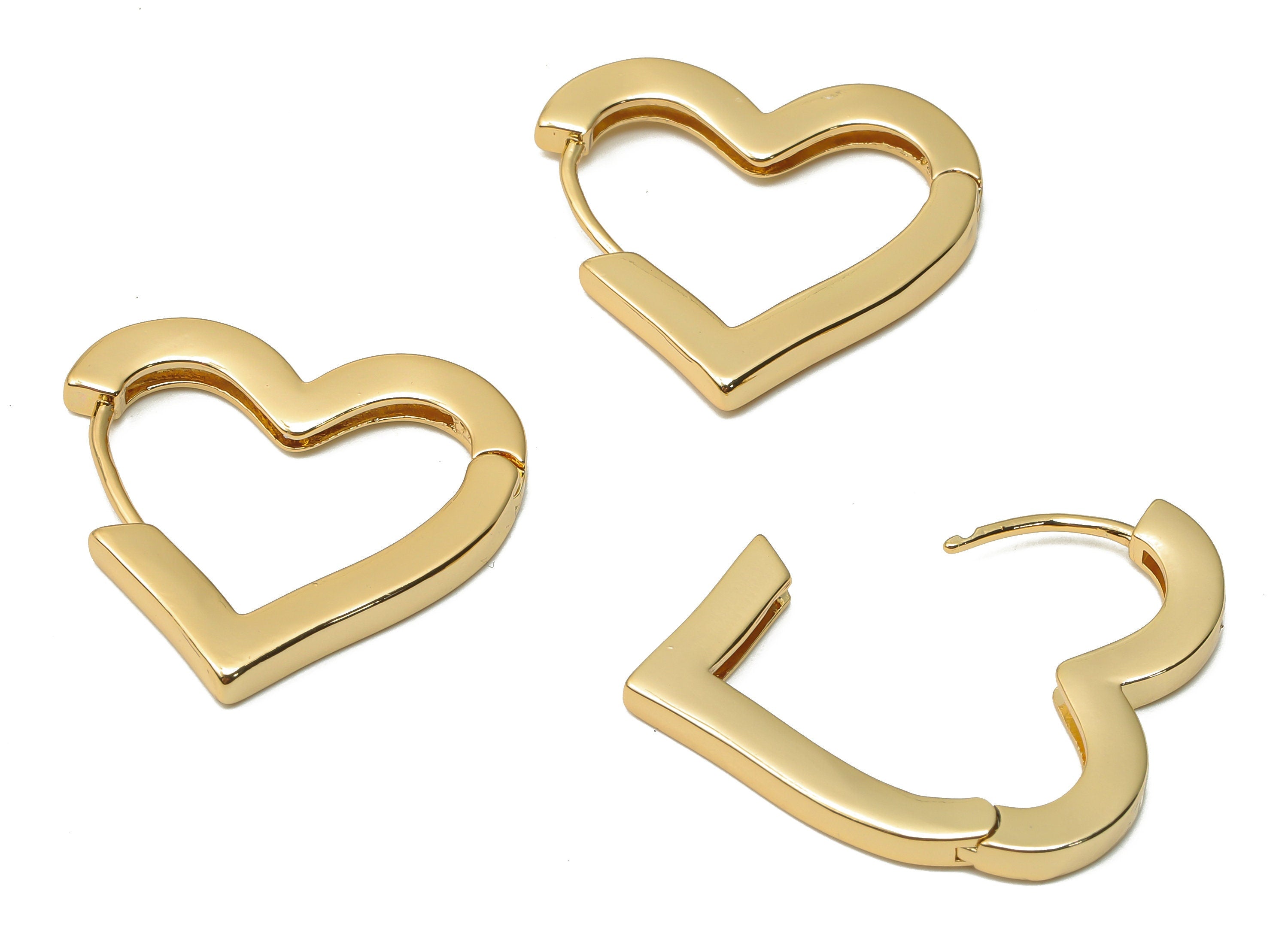 Brass Heart Hoop Earrings Clasps - Brass Huggie Hoop Earrings Clasps - 18K Real Gold Tone Plated - 26.82x24.3x2.73mm - RGP4742 - DOMEDBAZAAR