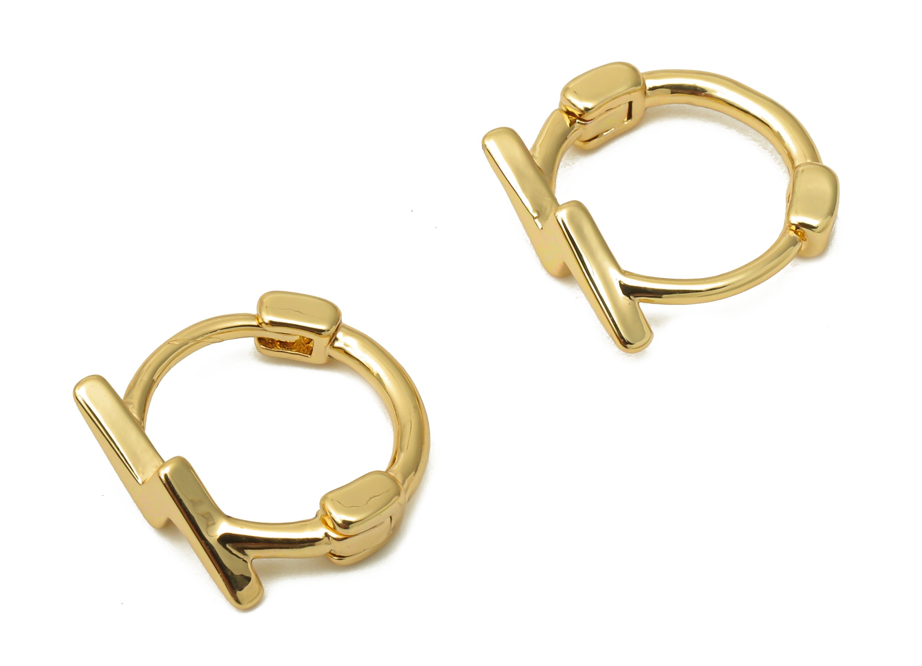 Brass Circle Flash Lightning Earrings - Brass Huggie Hoop Clasp Earring - 18K Real Gold Tone Plated - 11.88x11.64x2.7mm - RGP4746 - DOMEDBAZAAR