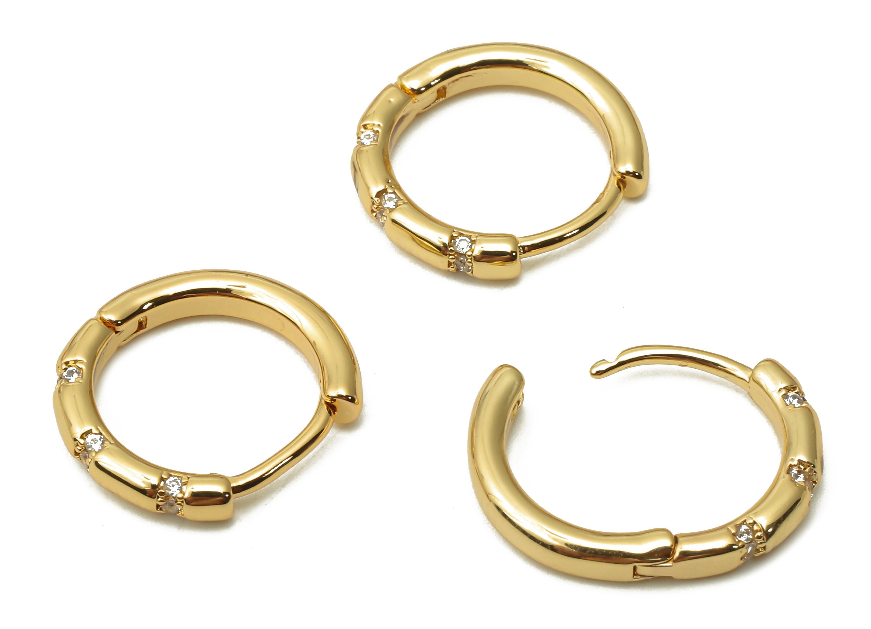 Brass Round Earrings Clasps With Zircon - Brass Huggie Hoop Earrings - Brass Clasps - 18K Real Gold Tone Plated - 14.9x14.9x2.56mm - RGP4748 - DOMEDBAZAAR