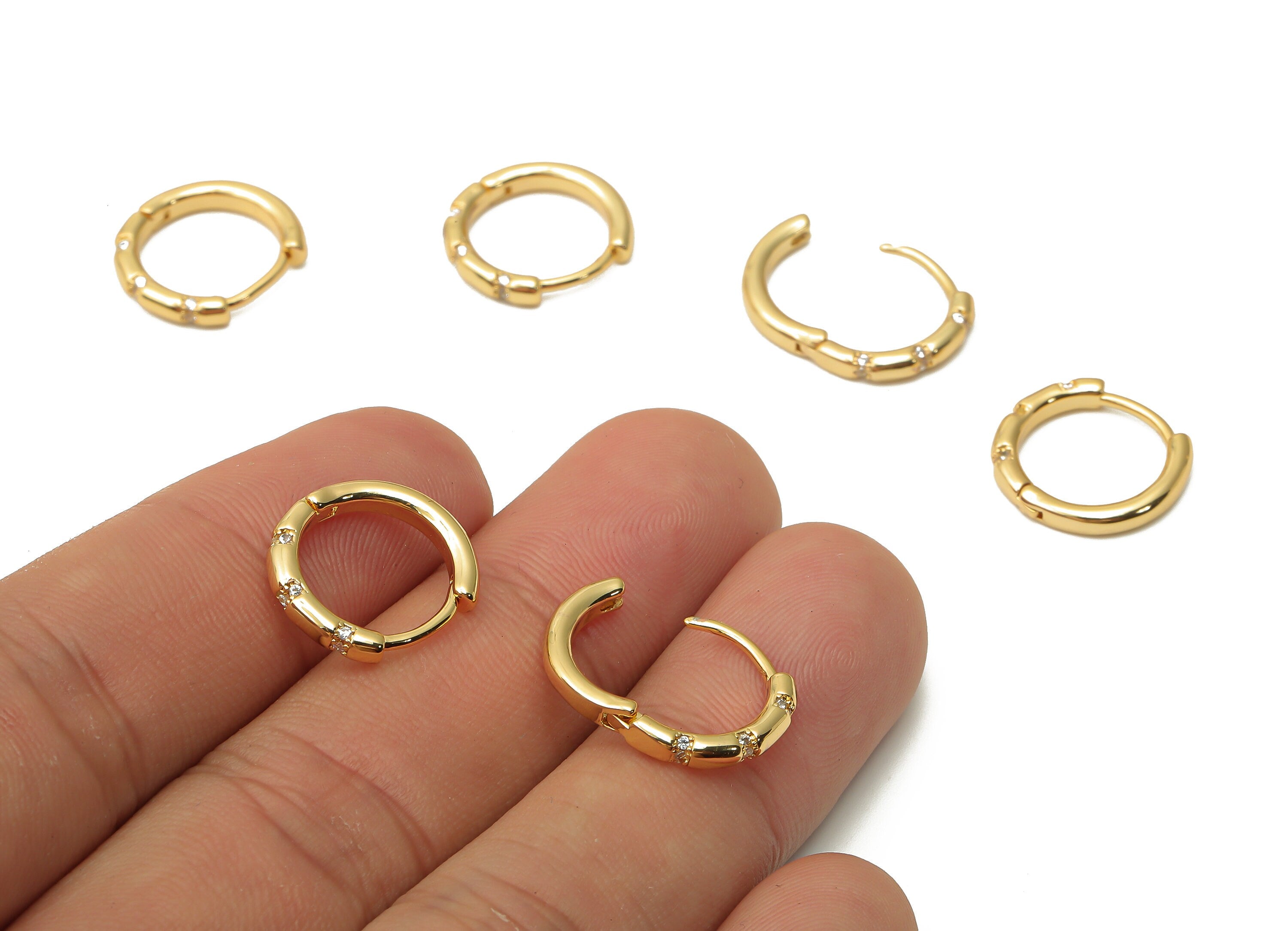 Brass Round Earrings Clasps With Zircon - Brass Huggie Hoop Earrings - Brass Clasps - 18K Real Gold Tone Plated - 14.9x14.9x2.56mm - RGP4748 - DOMEDBAZAAR