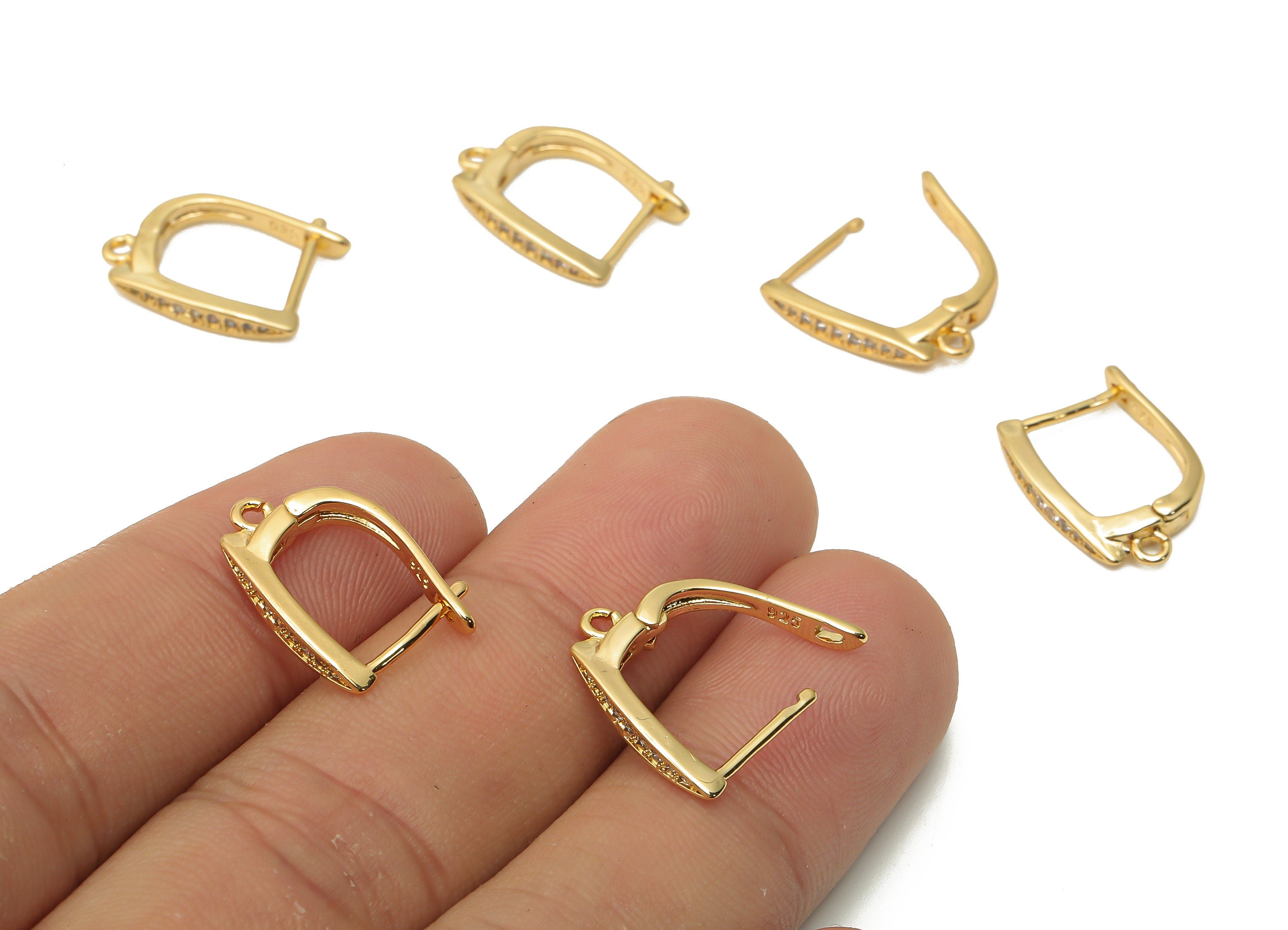 Brass Leverback Earrings Clasps - Earring with Zircon - Earring Hoop With loop - 18K Real Gold Tone Plated - 15.8x12.5x1.7mm - RGP4756 - DOMEDBAZAAR