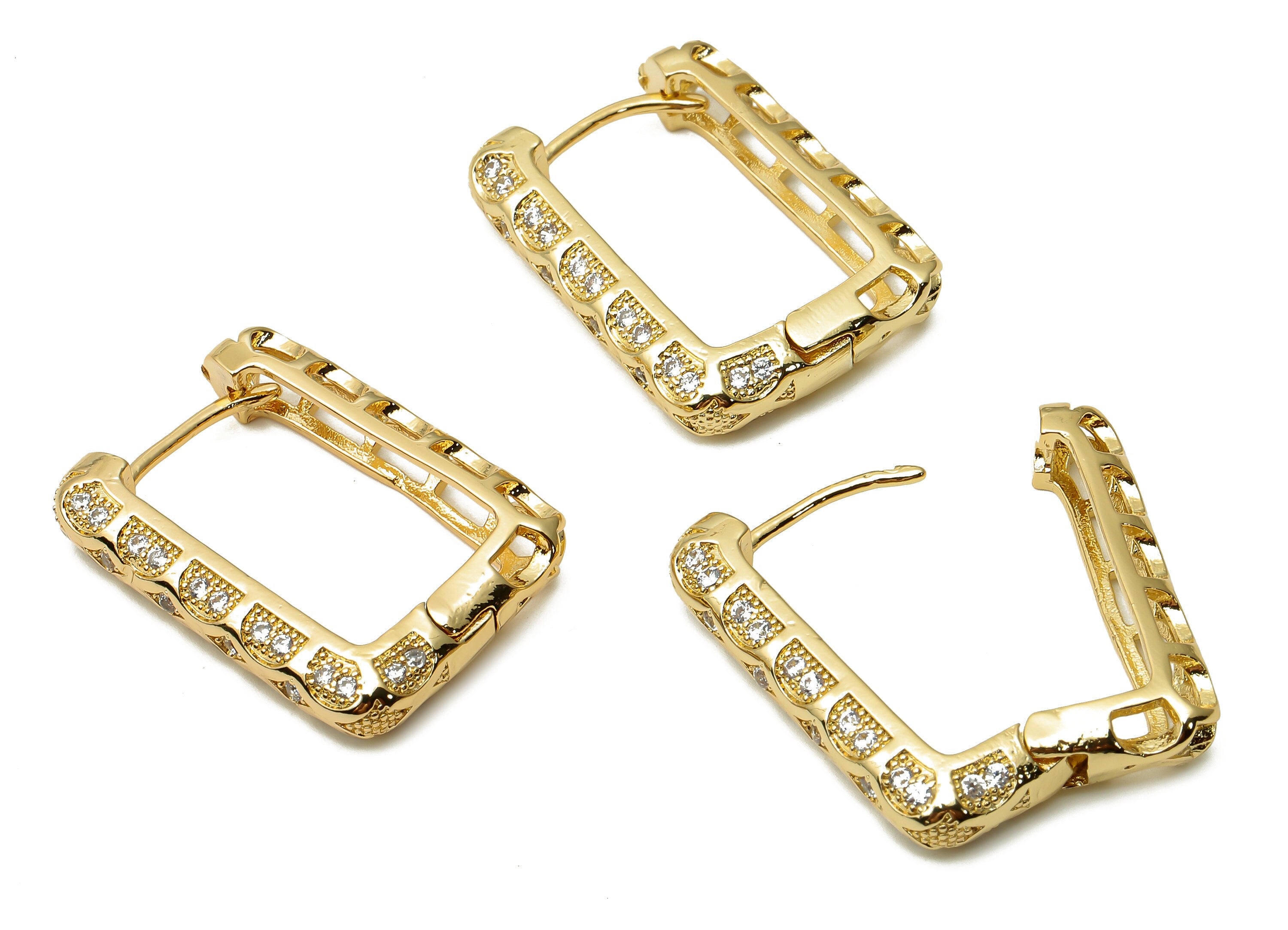 Brass Rectangle Earring with Zircon - Brass Textured Huggie Hoop Earrings - 18K Real Gold Plated Brass Hoops - 28.2x20.48x3.49mm - RGP4768 - DOMEDBAZAAR