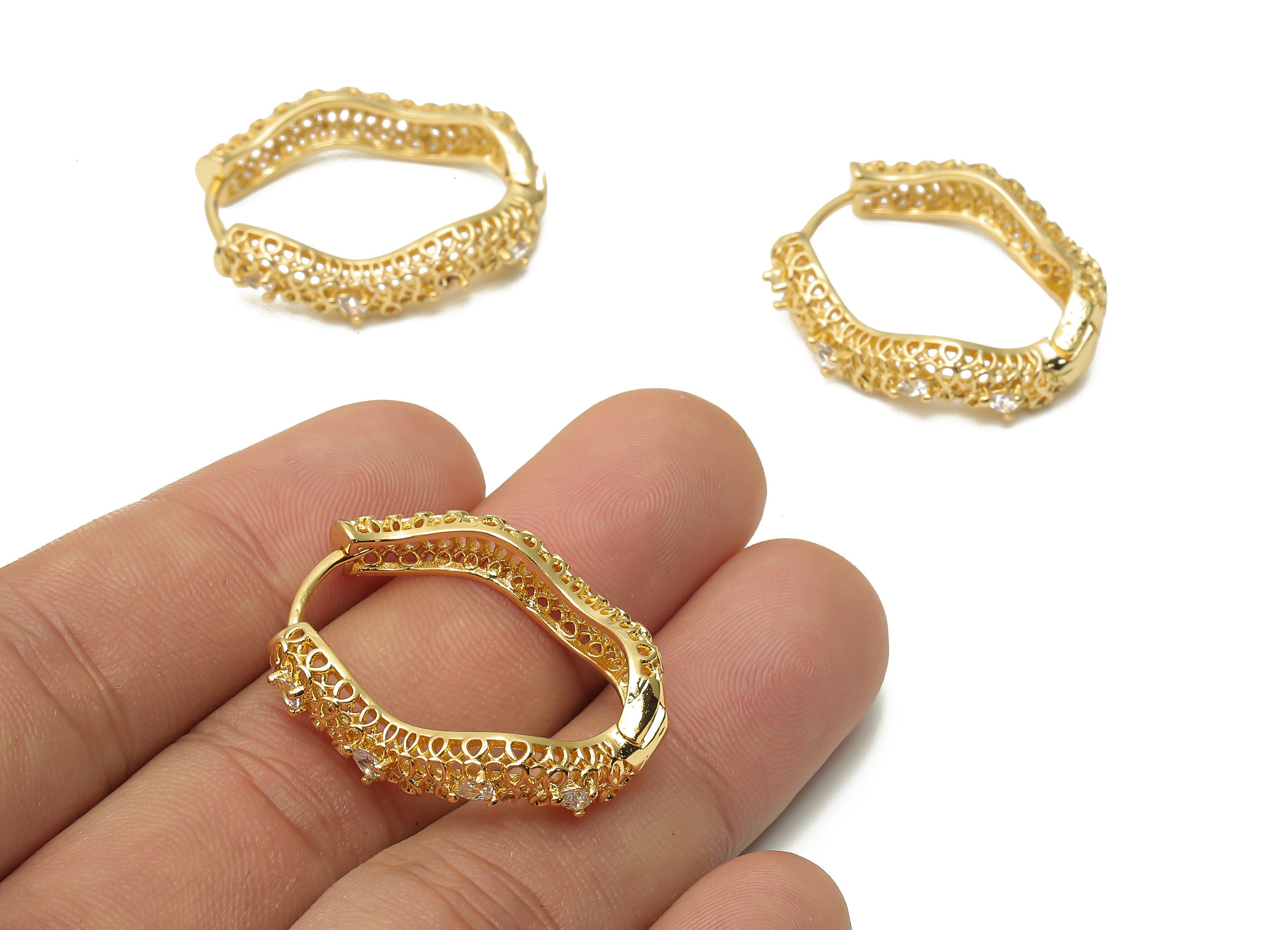 Brass Round Hoop Earrings with Zircon - Brass Textured Wave Huggie Hoop - 18K Real Gold Plated - 30.32x25.03x3.56mm - RGP4771 - DOMEDBAZAAR
