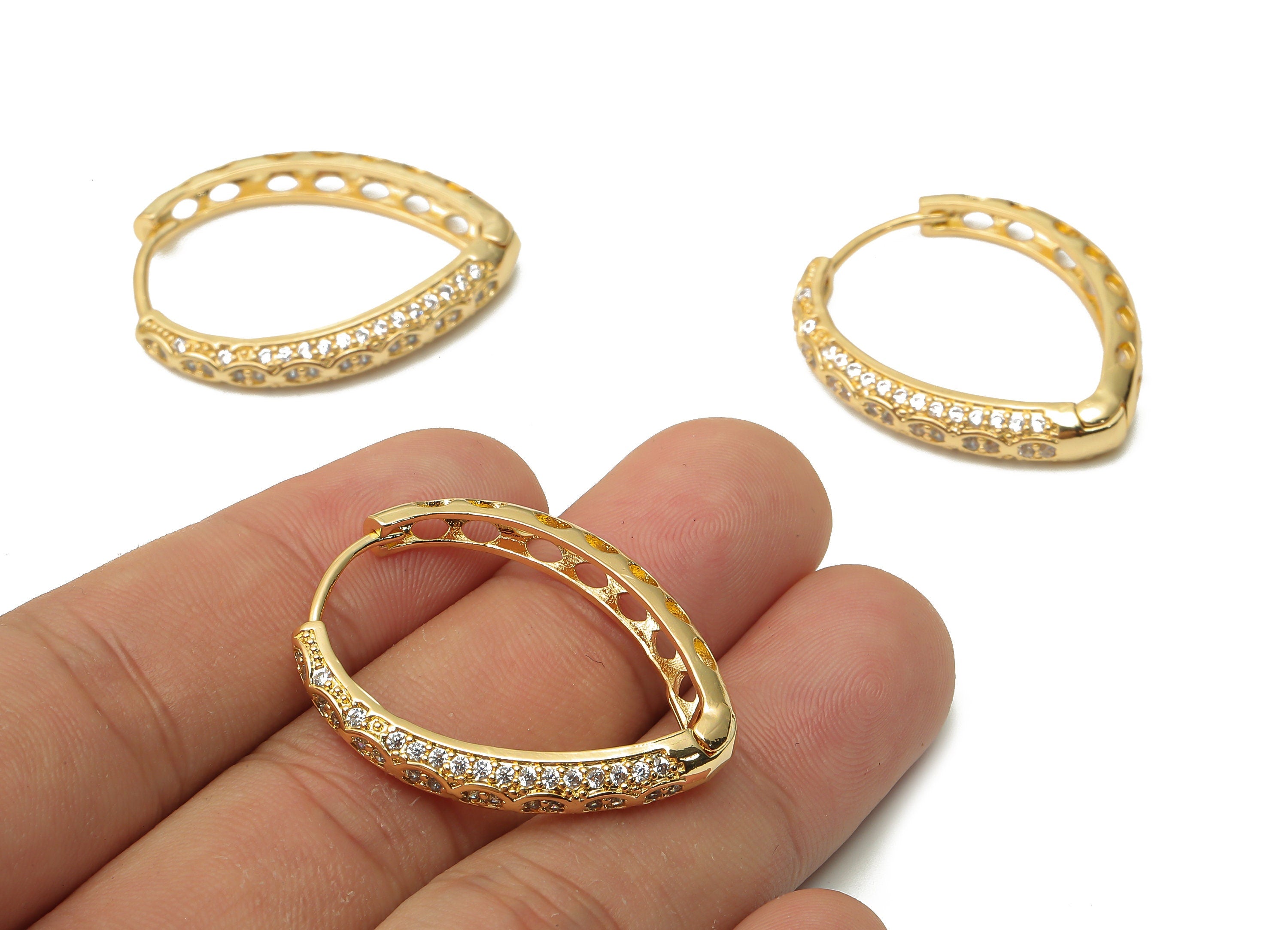 Brass Drop Huggie Hoops Earrings with Zircon - Brass Textured Drop Hoop - 18K Real Gold Plated  - 33.37x26.85x4.52mm - RGP4772 - DOMEDBAZAAR