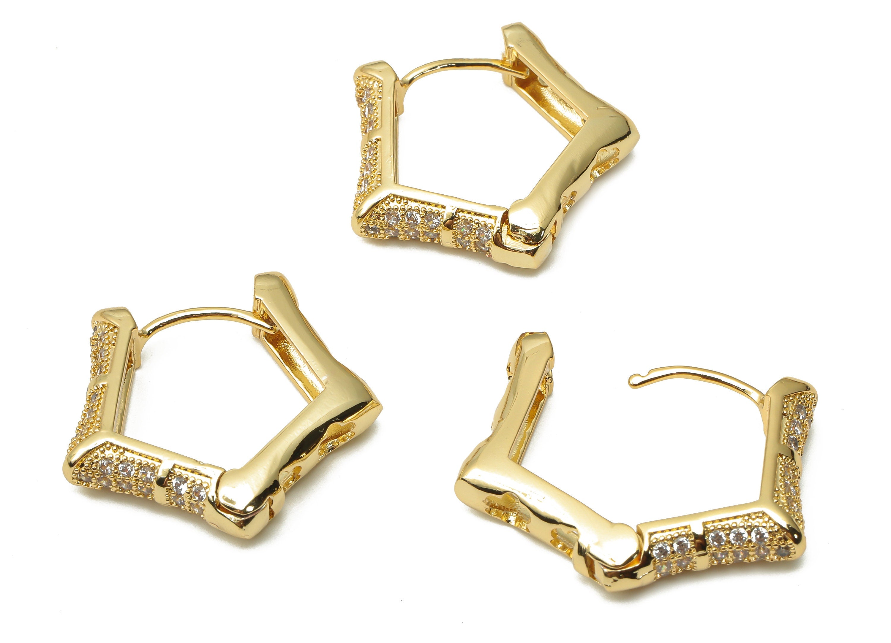 Brass Curved Pentagon Huggie Hoop with Zircon - Raw Brass Textured Thick Hoop Earrings- 18K Real Gold Plated - 25.34x24.42x5.26mm - RGP4773 - DOMEDBAZAAR