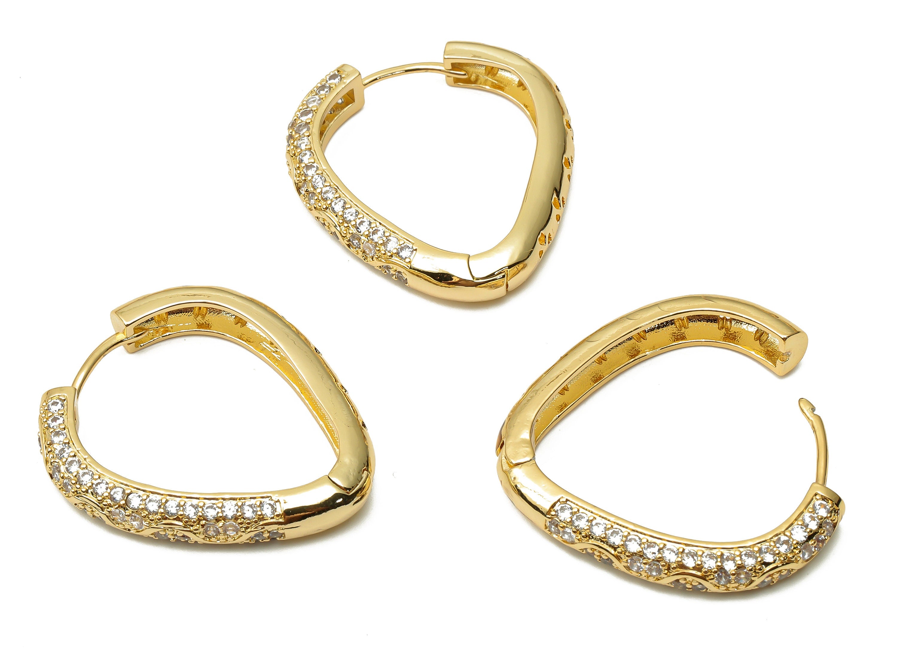 Brass Drop Huggie Hoop Earrings with Zircon - Textured Eyedrop Huggie Hoop Earrings- 18K Real Gold Plated Brass - 34.08x30.3x5.1mm - RGP4774 - DOMEDBAZAAR
