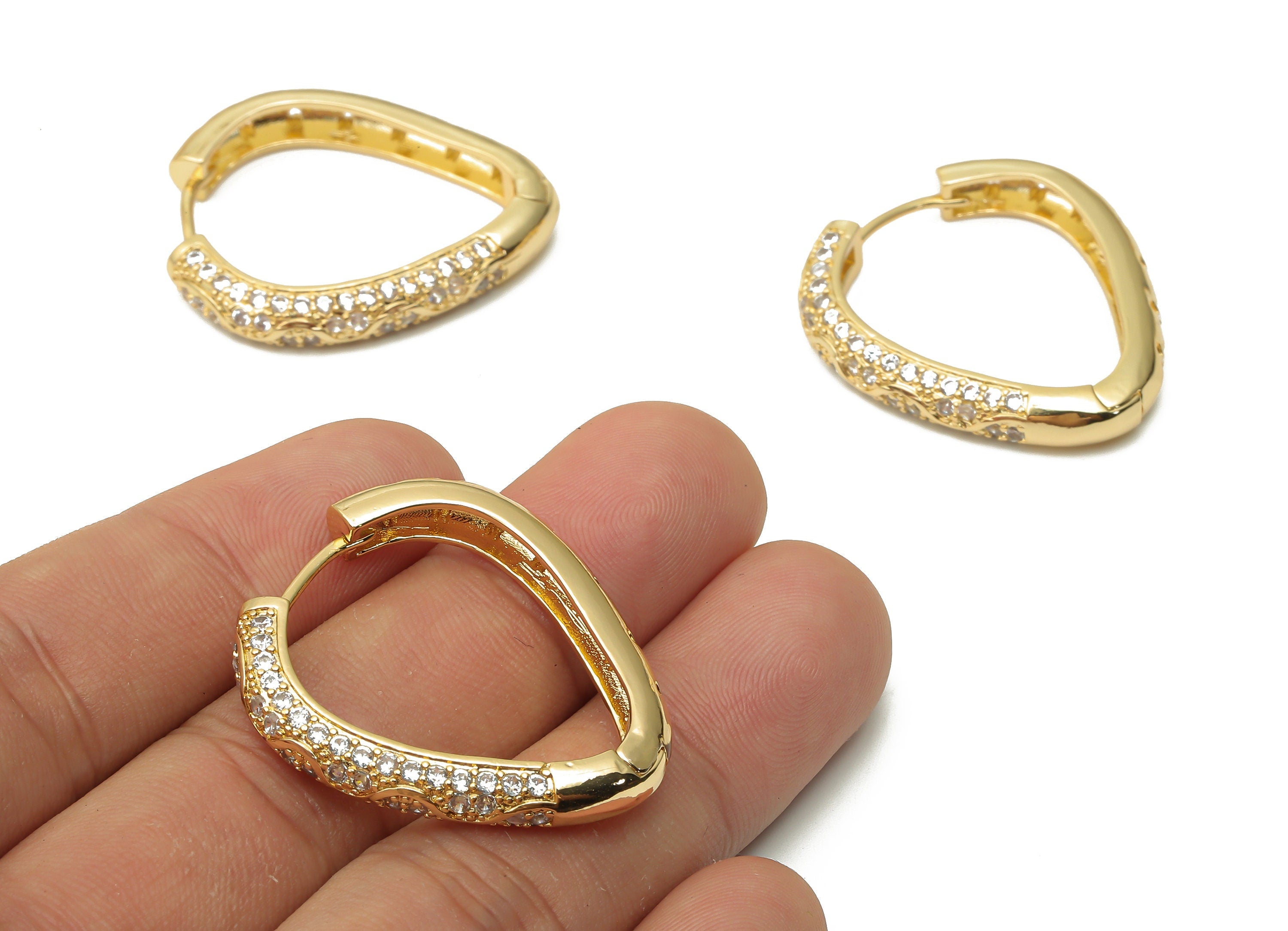Brass Drop Huggie Hoop Earrings with Zircon - Textured Eyedrop Huggie Hoop Earrings- 18K Real Gold Plated Brass - 34.08x30.3x5.1mm - RGP4774 - DOMEDBAZAAR