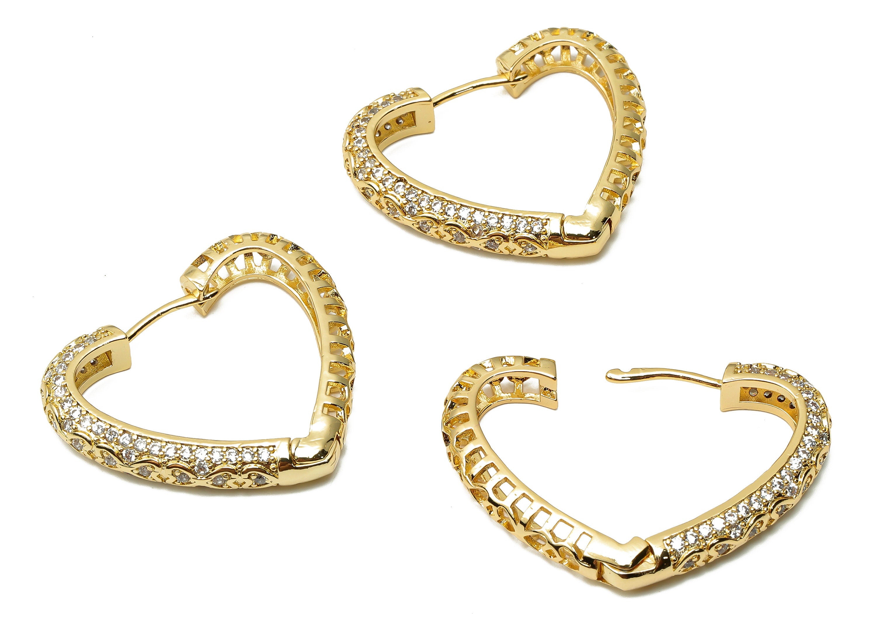 Brass Textured heart Huggie hoop earrings with Zircon - Brass Thick heart Huggie hoop - 18K Real Gold Plated - 35.25x30.92x5.38mm - RGP4775 - DOMEDBAZAAR