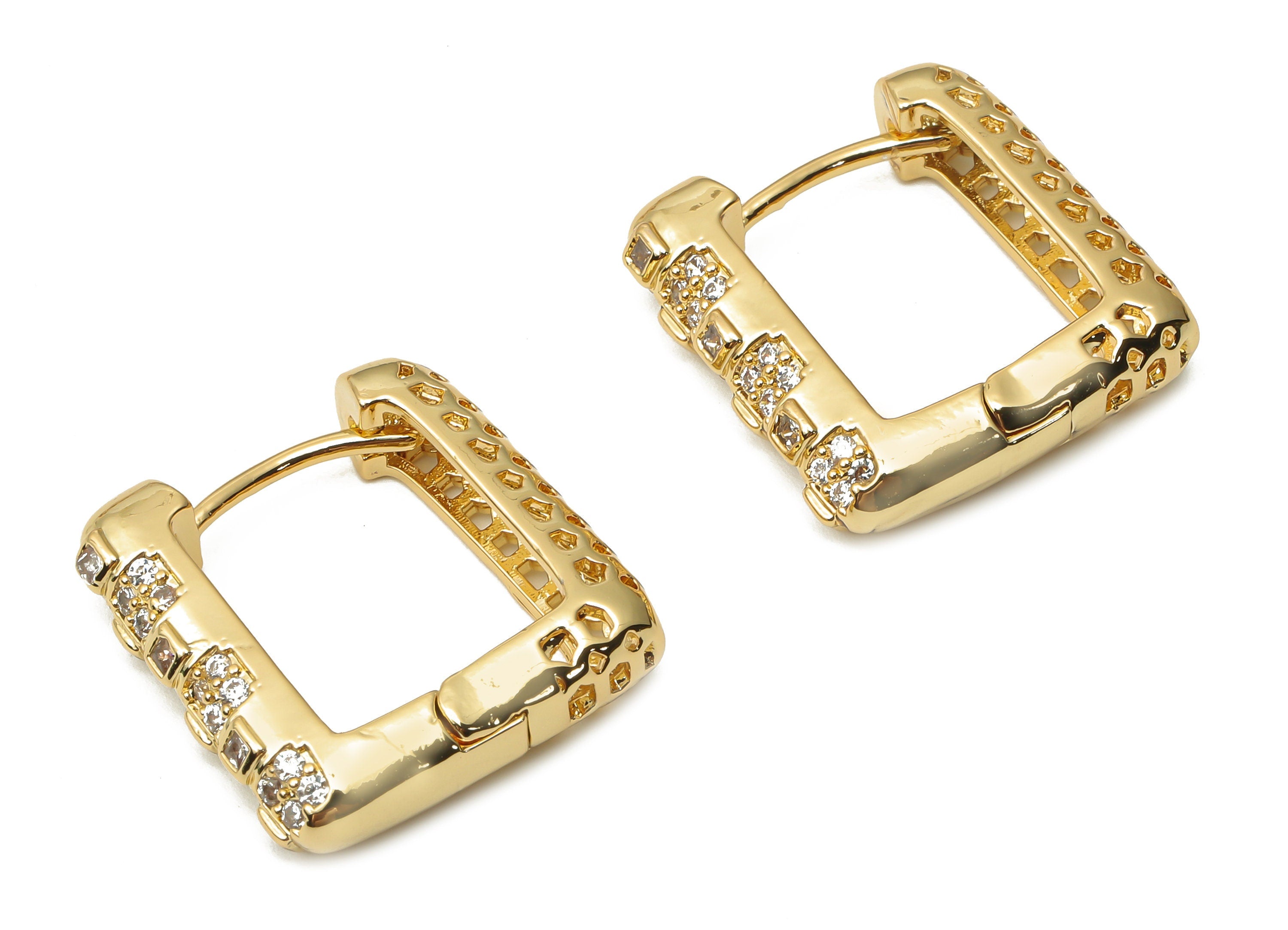 Brass Textured Square Hoop Earrings with Zircon -Brass Thick Huggie Hoop - 18K Real Gold Plated Brass Hoop - 22.5x20.88x5.3mm - RGP4779 - DOMEDBAZAAR