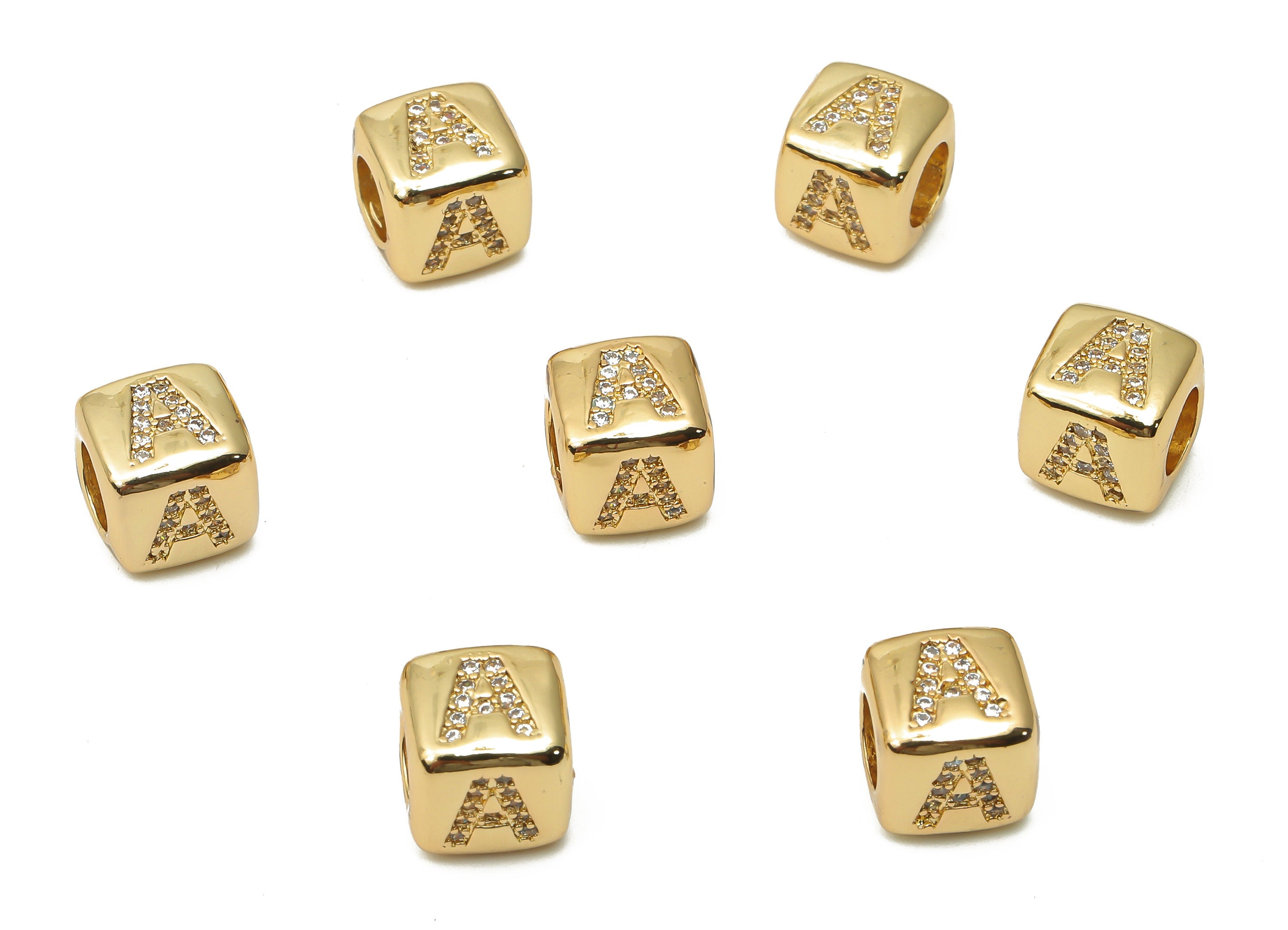 Alphabet Cube Bead A - Initial Letter A - Letters Beads Bracelet - Zircon Bead Necklace - 18K Real Gold Plated - 8.63x8.63x8.46mm - RGP4782A - DOMEDBAZAAR