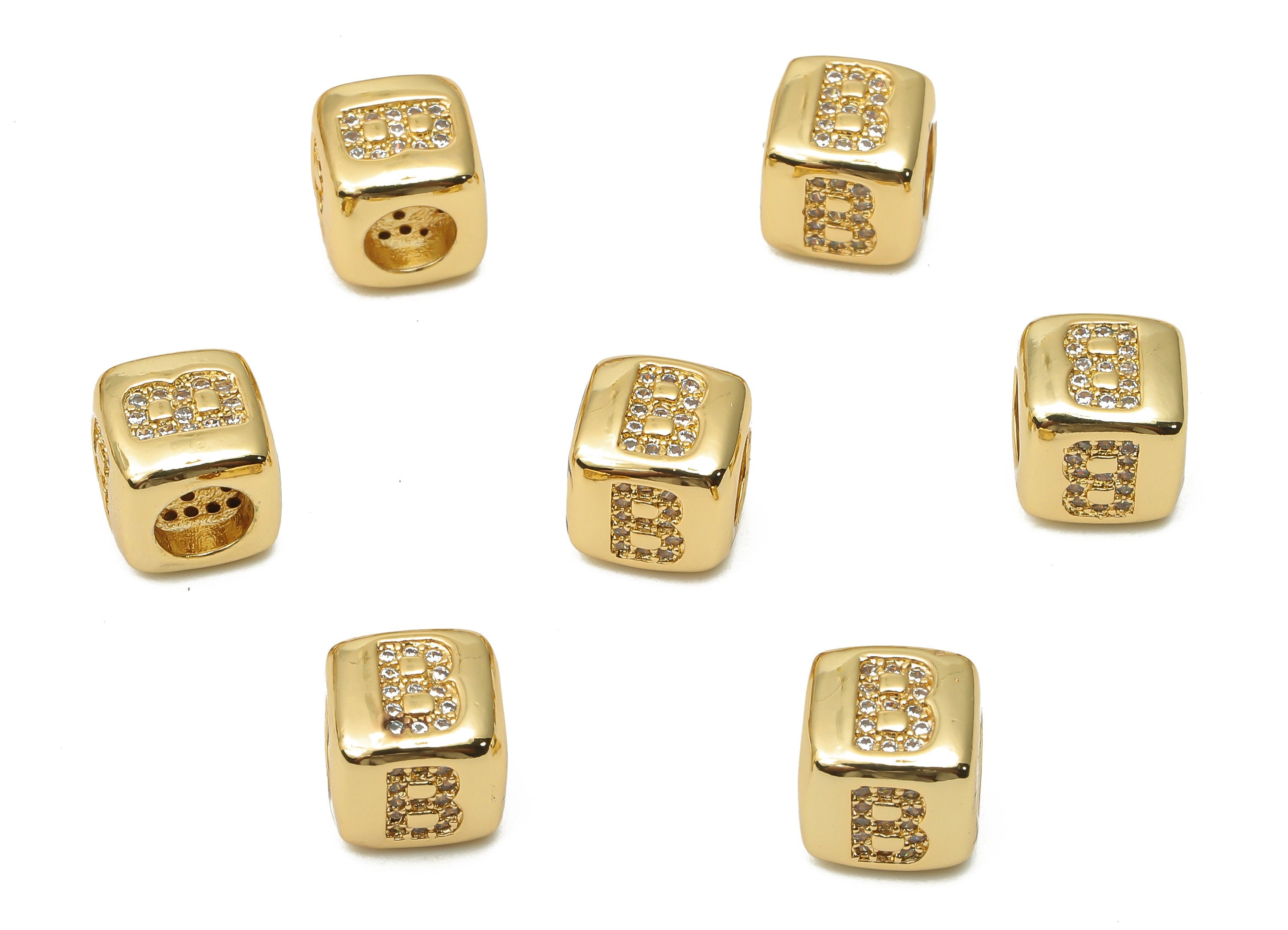 Alphabet Cube Bead With Zircon - Brass Initial Letter B Bead Bracelet- Bead Necklace - 18K Real Gold Plated - 8.63x8.63x8.46mm - RGP4782B - DOMEDBAZAAR