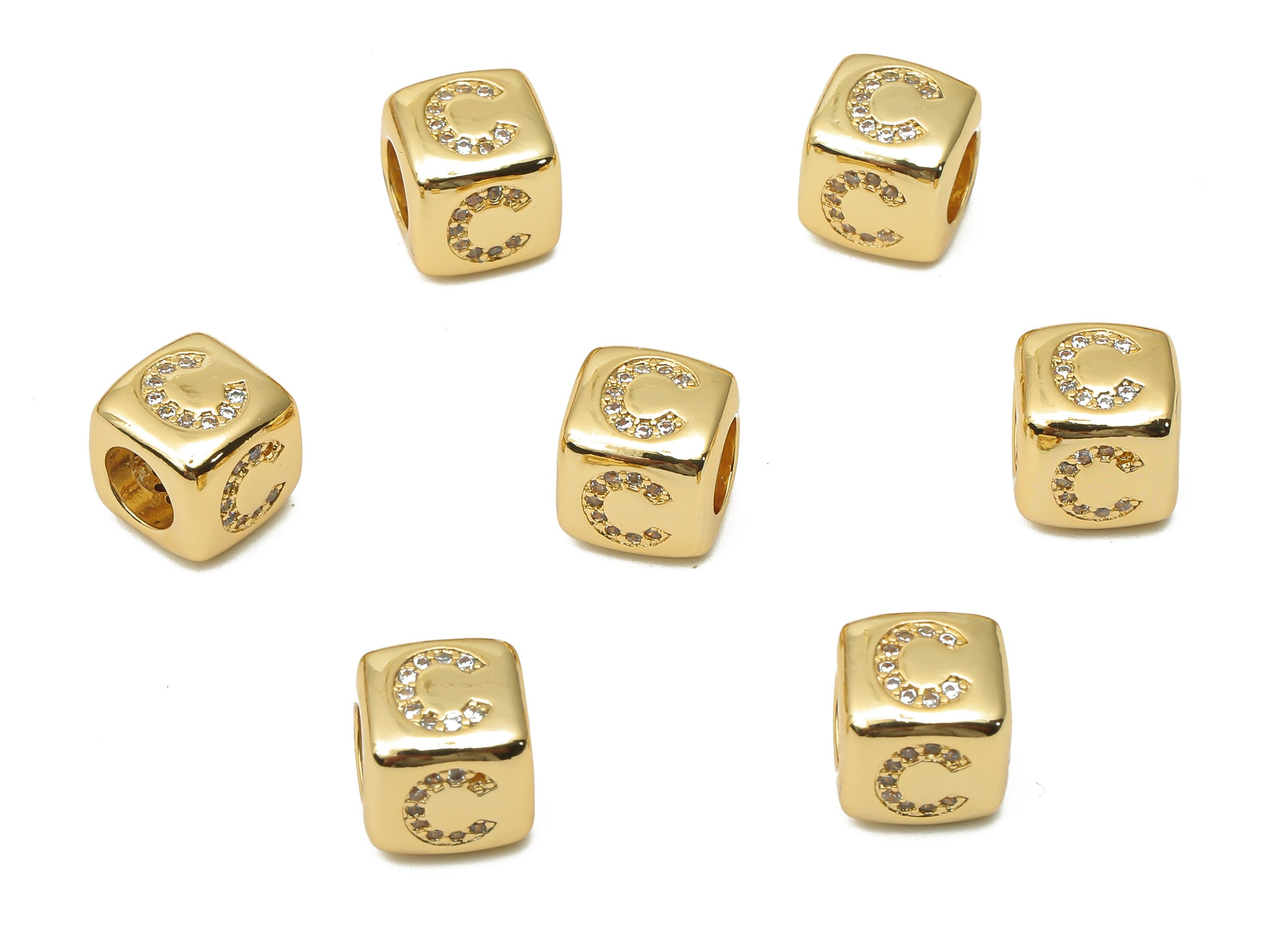 Alphabet Cube Bead C With Zircon - Brass Initial Letter Beads Bracelet- Beads Necklace - 18K Real Gold Plated - 8.63x8.63x8.46mm - RGP4782C - DOMEDBAZAAR