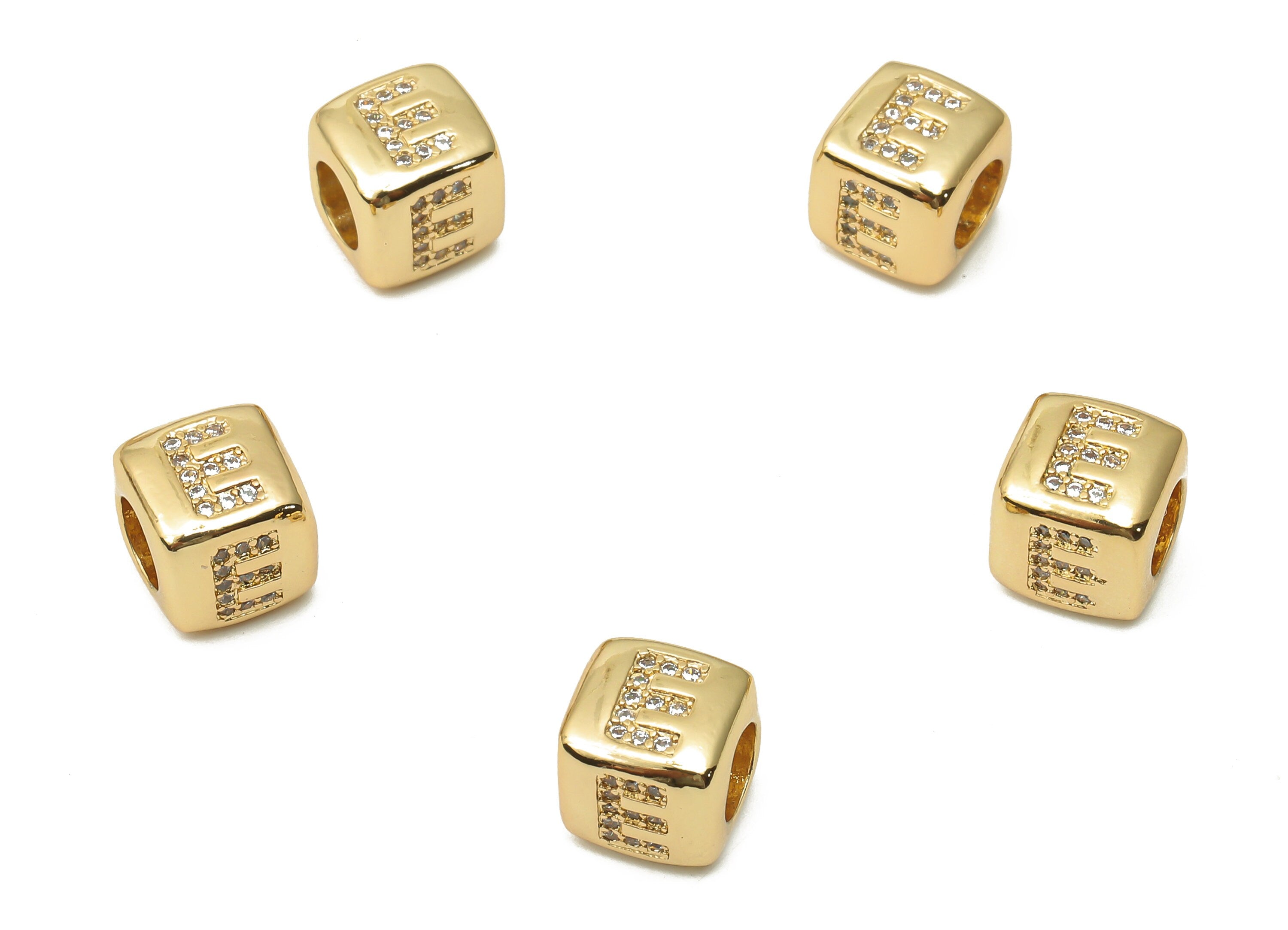 Alphabet Cube Bead E WIth Zircon - Brass Initial Letter E Beads Bracelet- Beads Necklace -18K Real Gold Plated - 8.63x8.63x8.46mm - RGP4782E - DOMEDBAZAAR