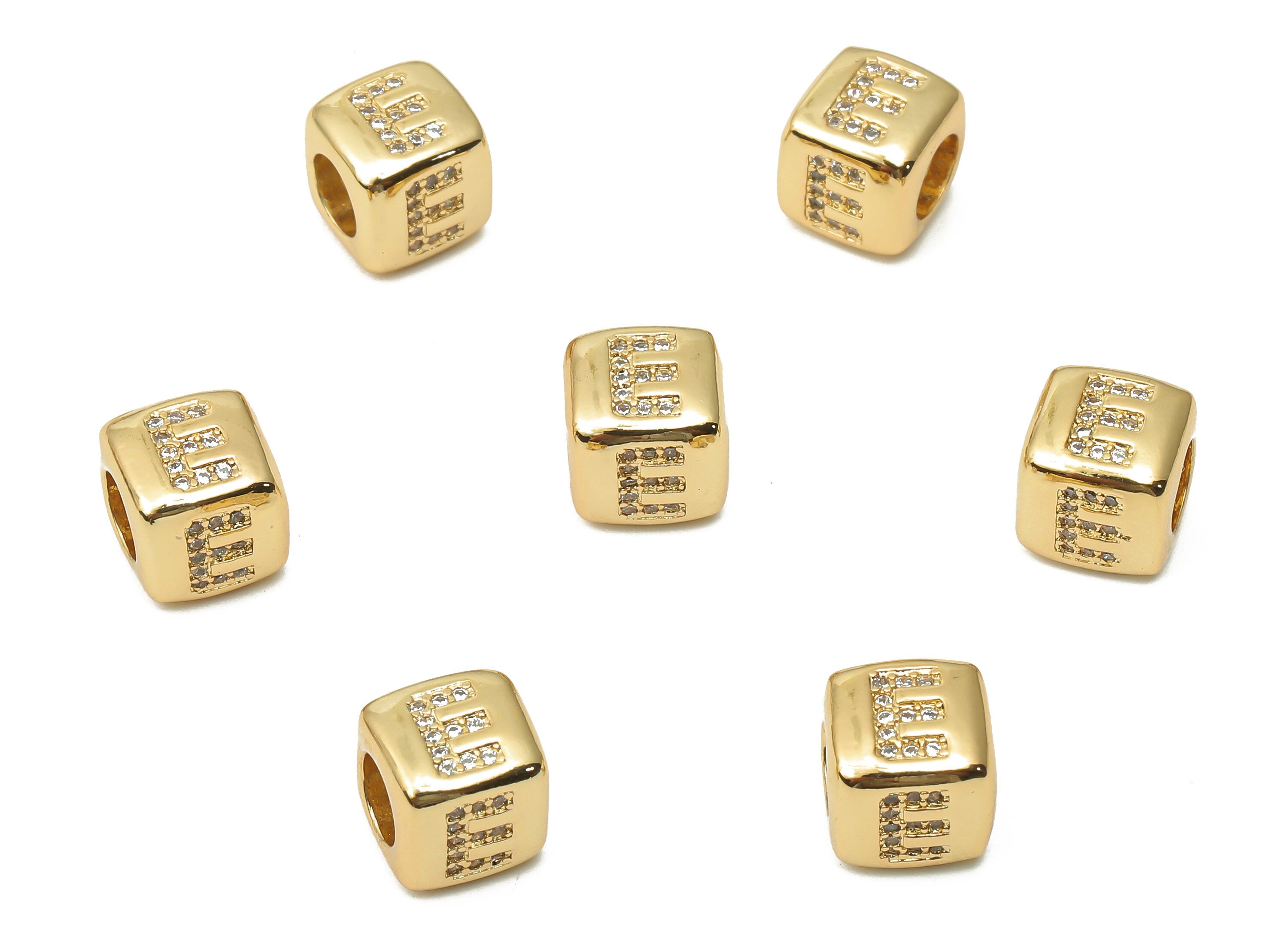 Alphabet Cube Bead E WIth Zircon - Brass Initial Letter E Beads Bracelet- Beads Necklace -18K Real Gold Plated - 8.63x8.63x8.46mm - RGP4782E - DOMEDBAZAAR
