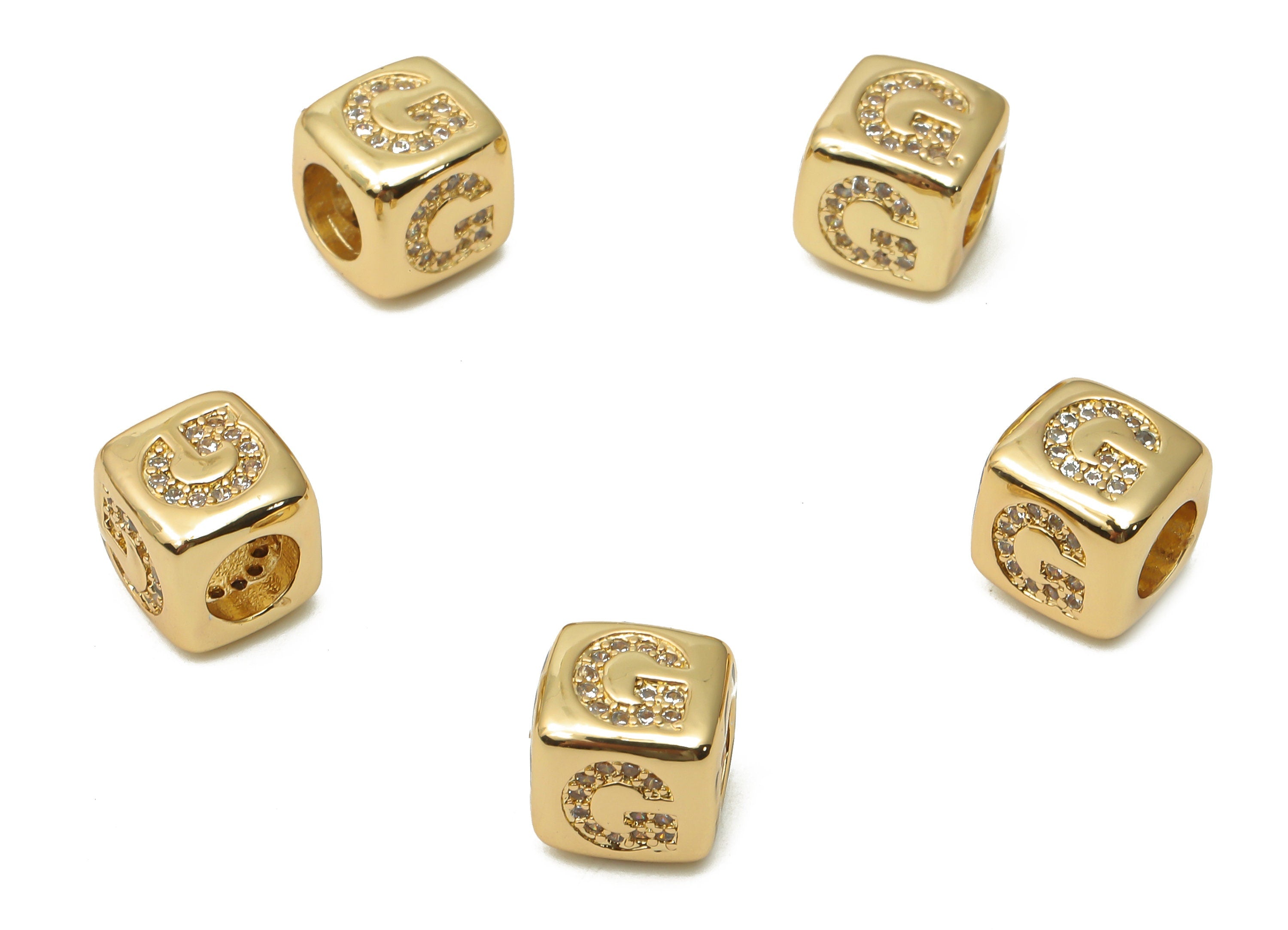 Alphabet Cube Bead G With Zircon - Brass Initial Letter G Beads Bracelet- Bead Necklace - 18K Real Gold Plated - 8.63x8.63x8.46mm - RGP4782G - DOMEDBAZAAR