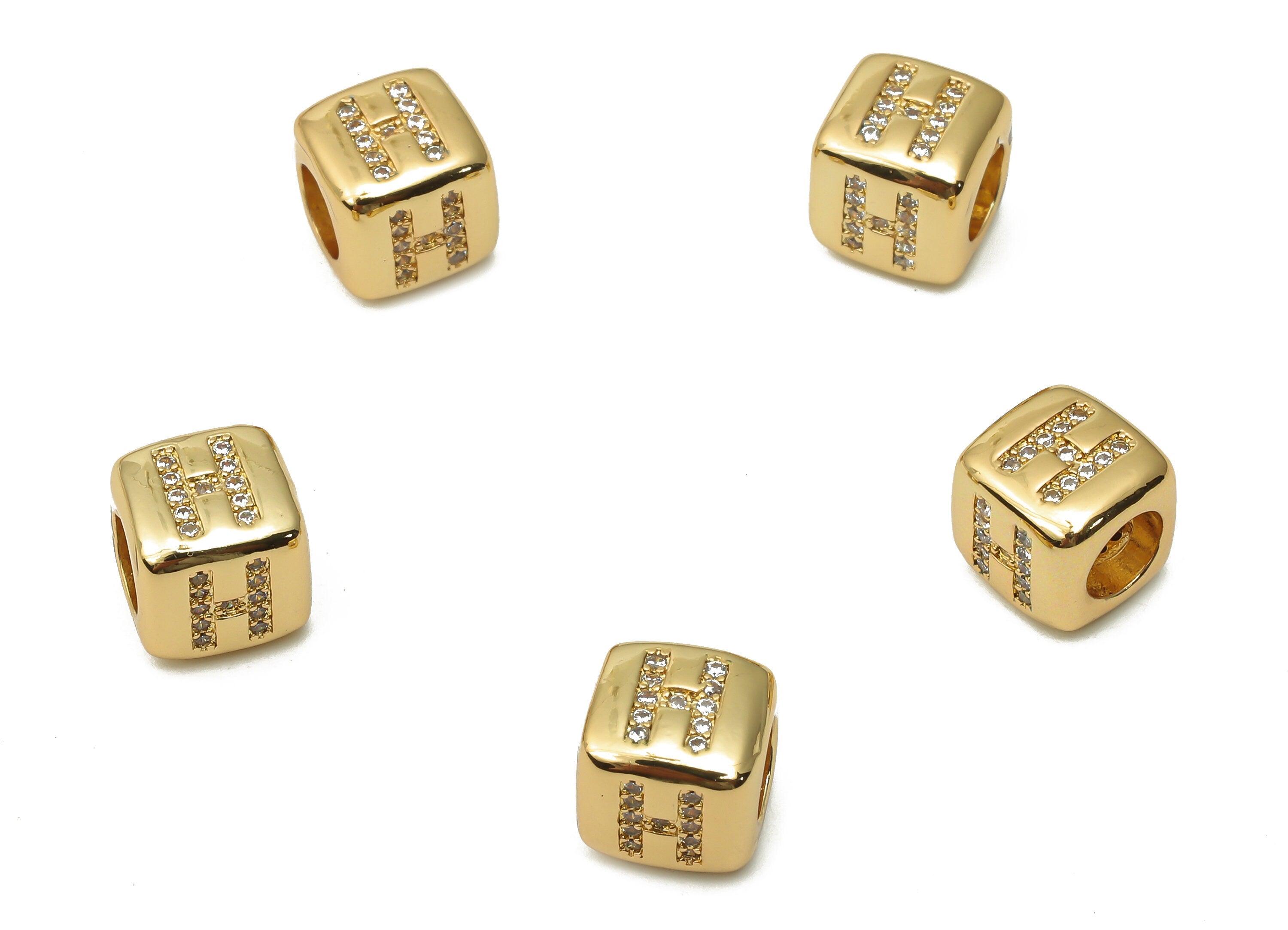 Alphabet Cube Letter Bead H With Zircon - Brass Initial H Bead Bracelet - Beads Necklace- 18K Real Gold Plated - 8.63x8.63x8.46mm - RGP4782H - DOMEDBAZAAR