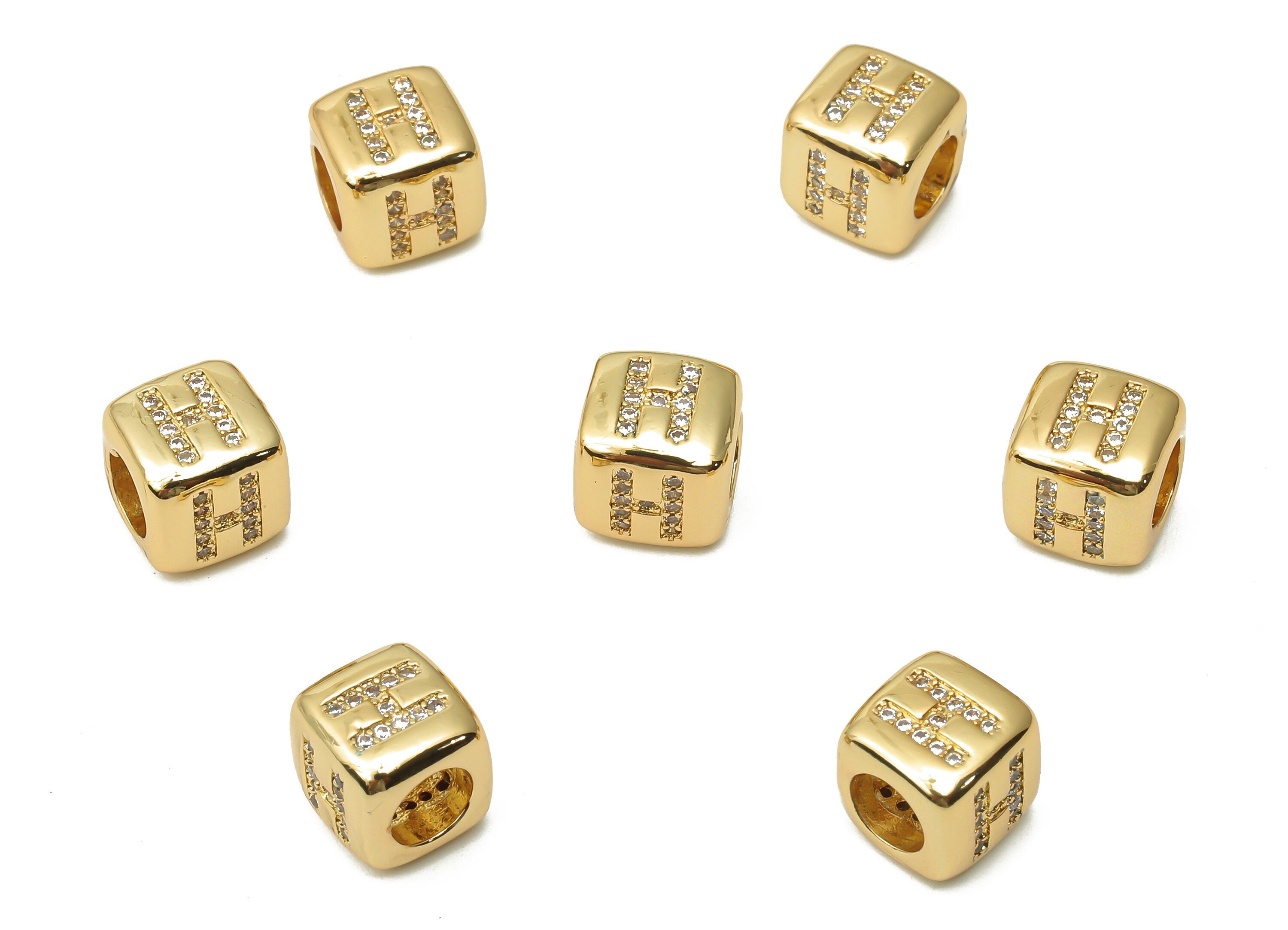 Alphabet Cube Letter Bead H With Zircon - Brass Initial H Bead Bracelet - Beads Necklace- 18K Real Gold Plated - 8.63x8.63x8.46mm - RGP4782H - DOMEDBAZAAR