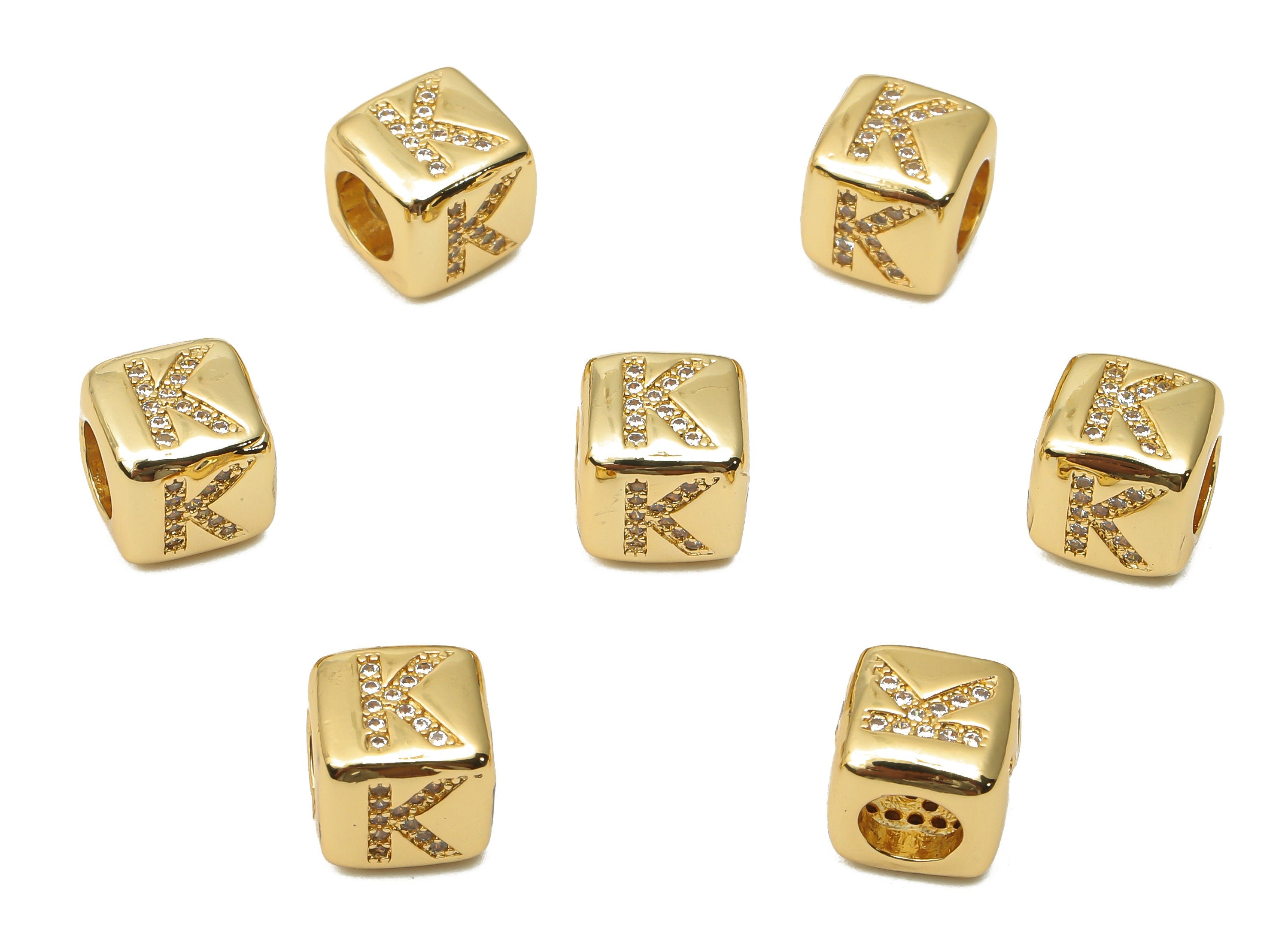 Alphabet Cube Bead K With Zircon- Brass Initial Letters K Beads Bracelet - Bead Necklace- 18K Real Gold Plated - 8.63x8.63x8.46mm - RGP4782K - DOMEDBAZAAR