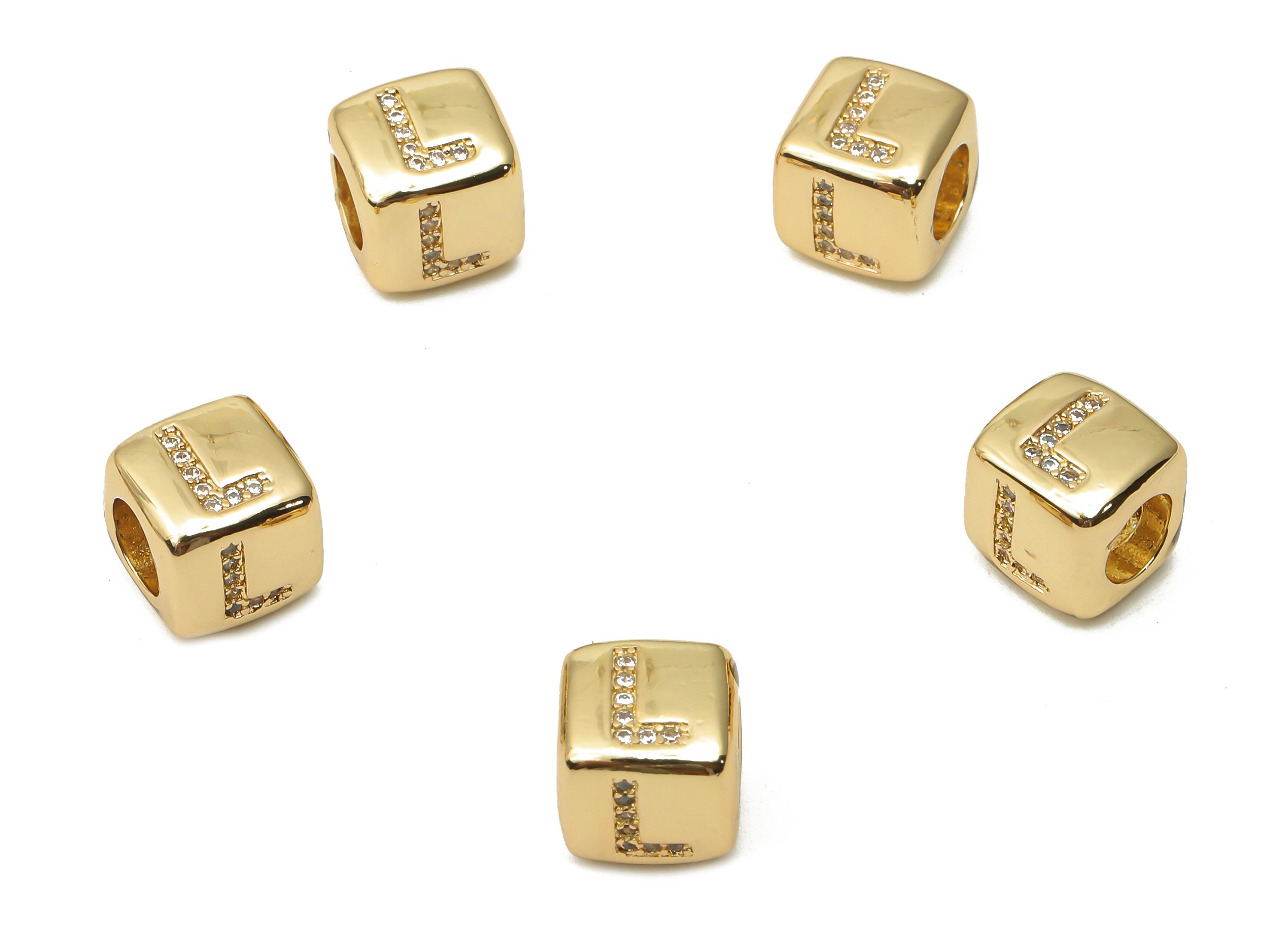 Alphabet Cube Bead L With Zircon- Brass Initial Letters L Beads Bracelet - Bead Necklace- 18K Real Gold Plated - 8.63x8.63x8.46mm - RGP4782L - DOMEDBAZAAR