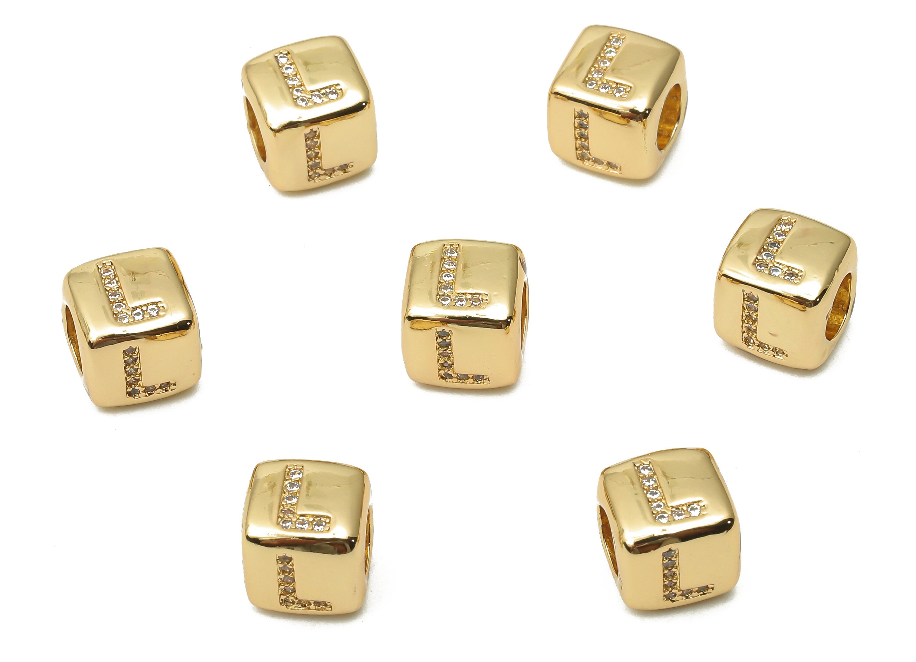 Alphabet Cube Bead L With Zircon- Brass Initial Letters L Beads Bracelet - Bead Necklace- 18K Real Gold Plated - 8.63x8.63x8.46mm - RGP4782L - DOMEDBAZAAR