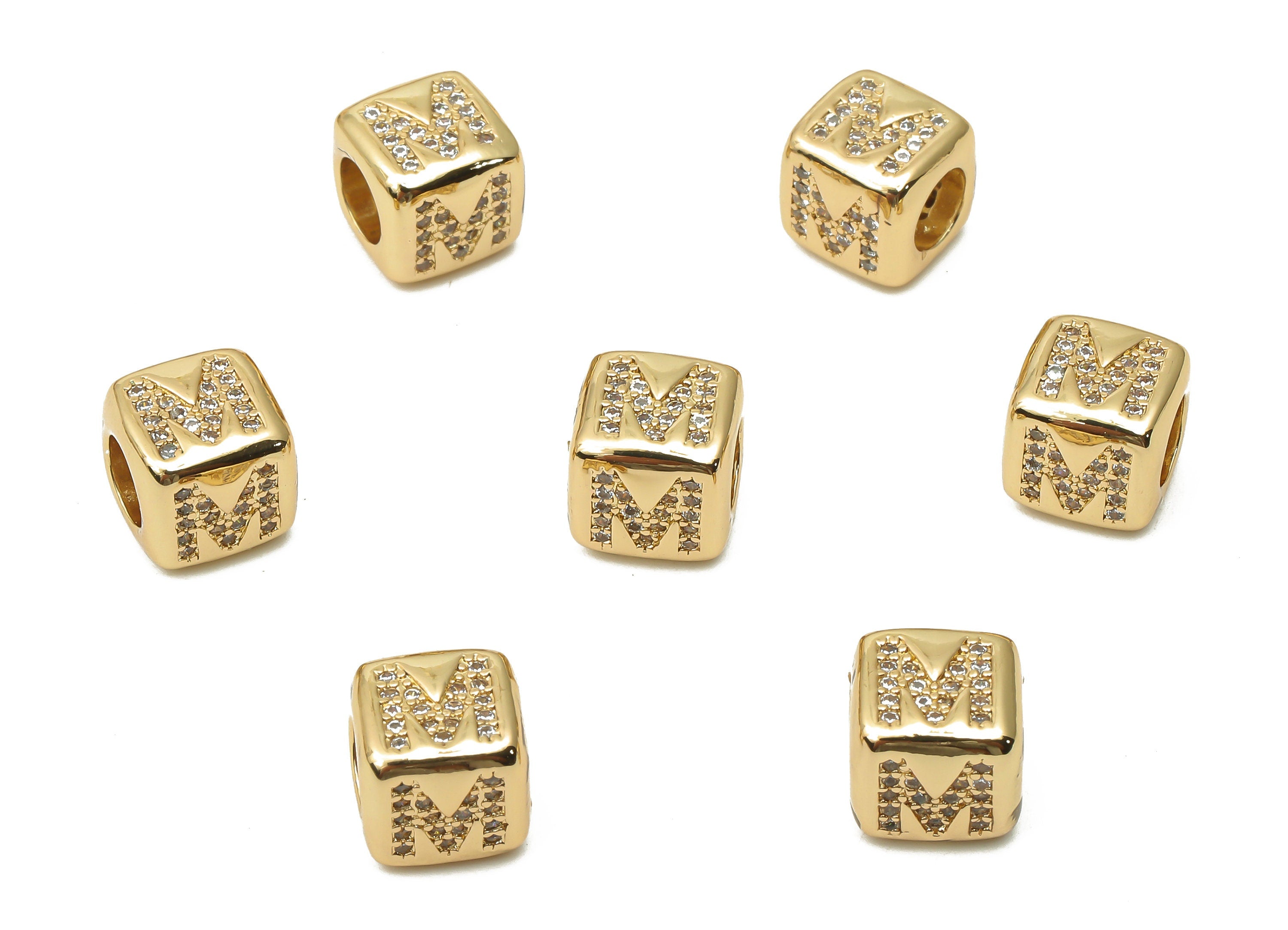 Alphabet Cube Bead M With Zircon- Brass Initial Letters M Beads Bracelet - Bead Necklace- 18K Real Gold Plated - 8.63x8.63x8.46mm - RGP4782M - DOMEDBAZAAR