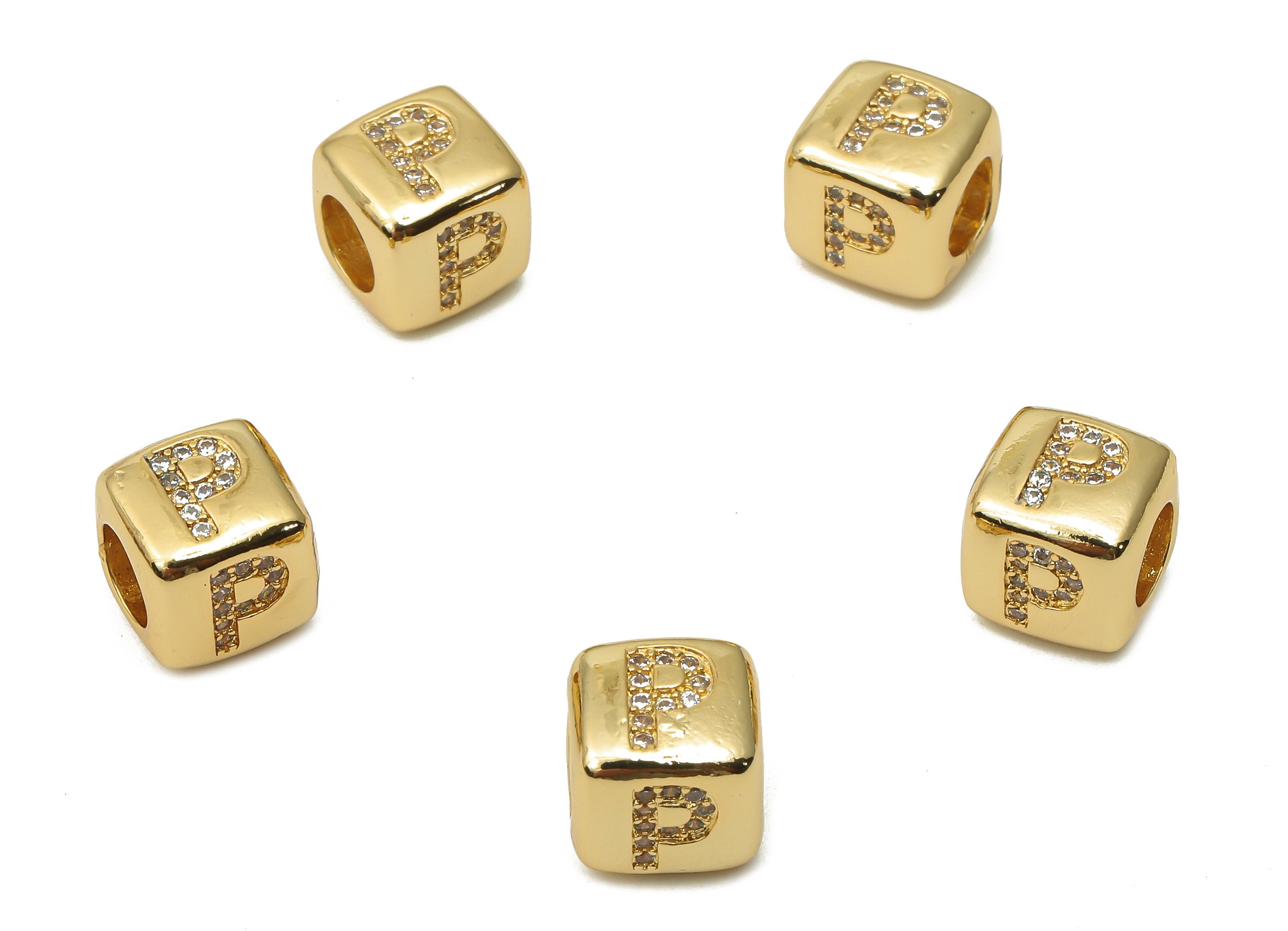 Alphabet Cube Bead P With Zircon- Brass Initial Letters P Beads Bracelet - Bead Necklace- 18K Real Gold Plated - 8.63x8.63x8.46mm - RGP4782P - DOMEDBAZAAR