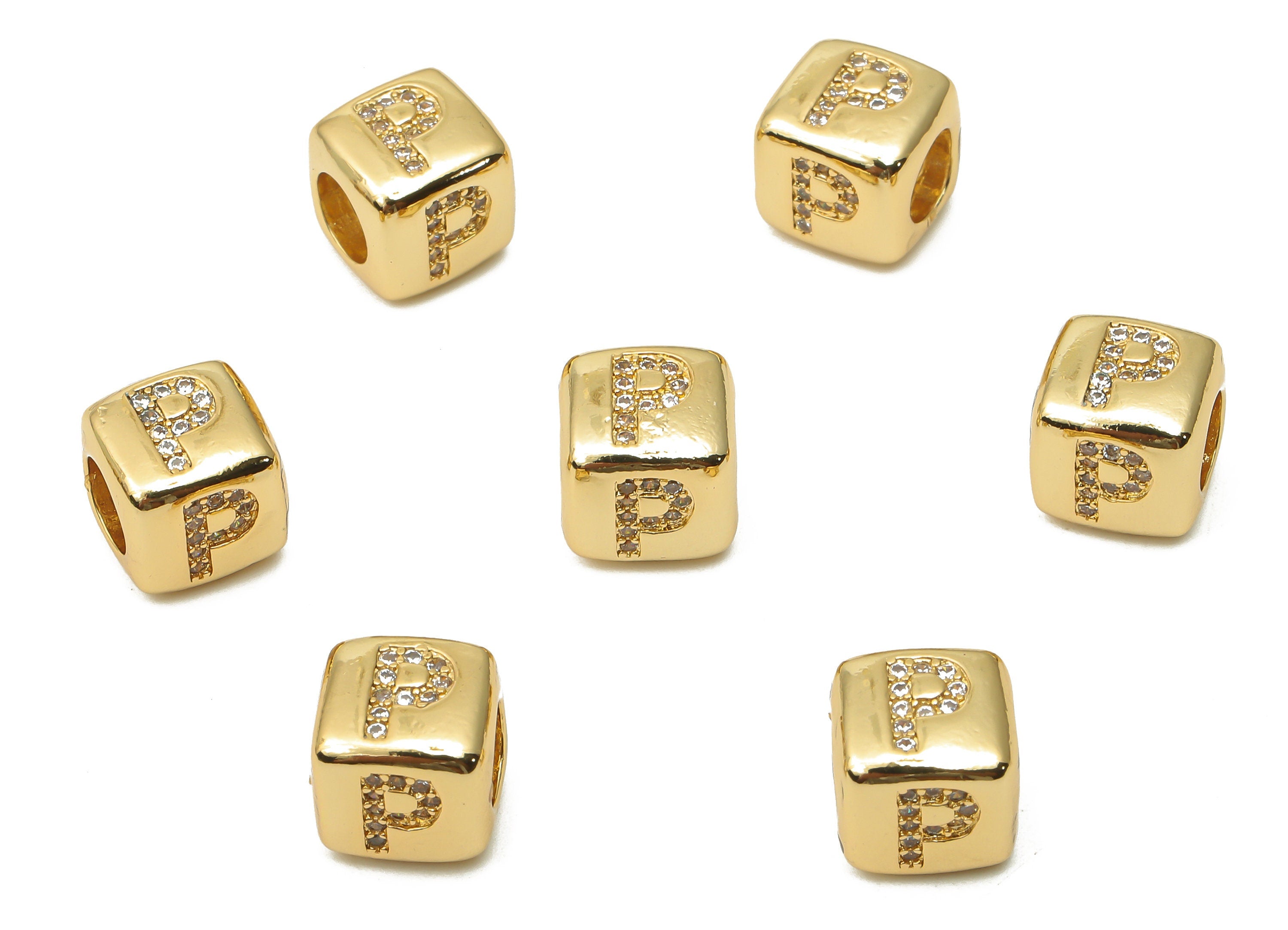 Alphabet Cube Bead P With Zircon- Brass Initial Letters P Beads Bracelet - Bead Necklace- 18K Real Gold Plated - 8.63x8.63x8.46mm - RGP4782P - DOMEDBAZAAR