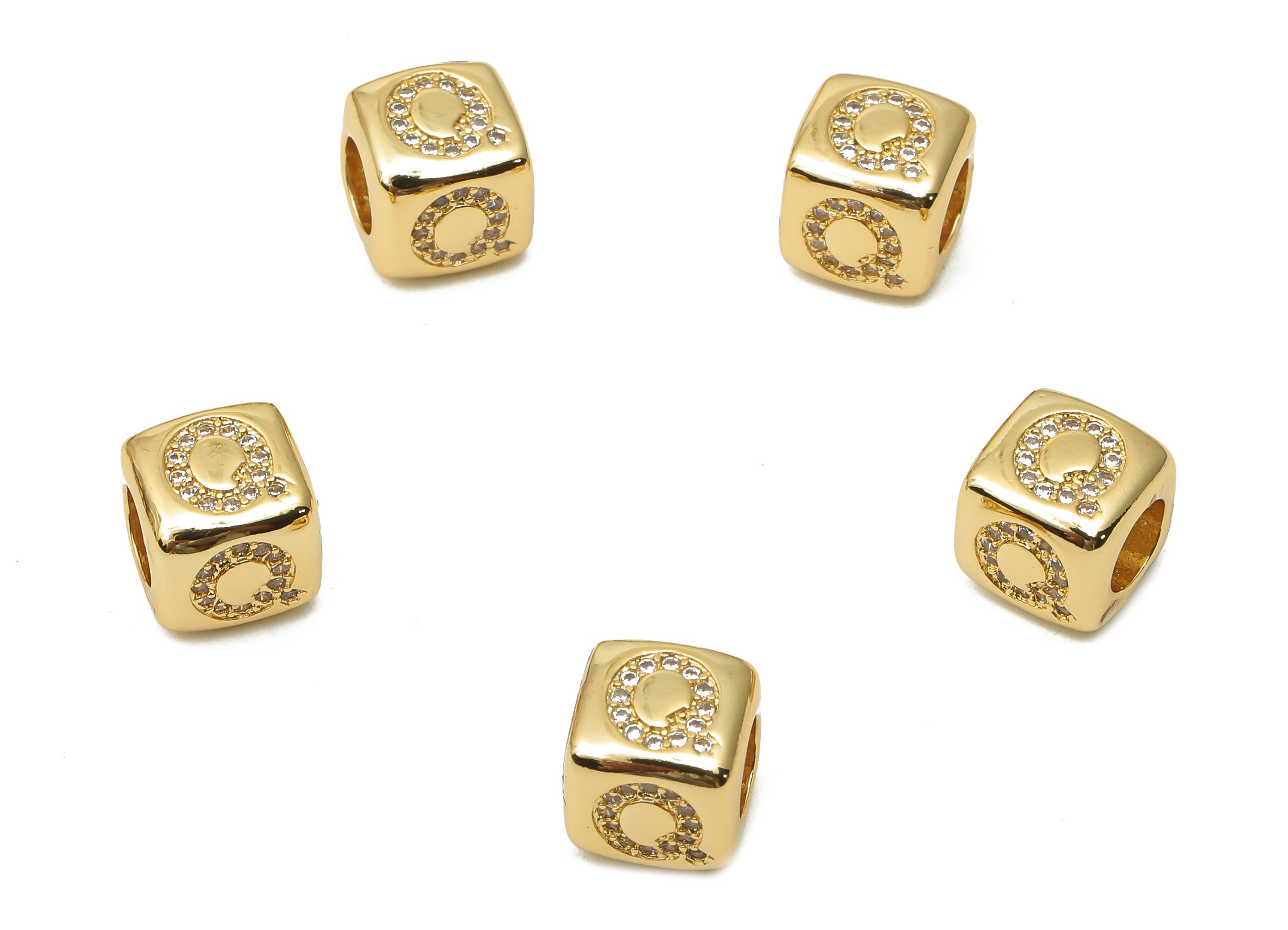 Alphabet Cube Bead Q With Zircon- Brass Initial Letters Q Beads Bracelet - Bead Necklace- 18K Real Gold Plated - 8.63x8.63x8.46mm - RGP4782Q - DOMEDBAZAAR
