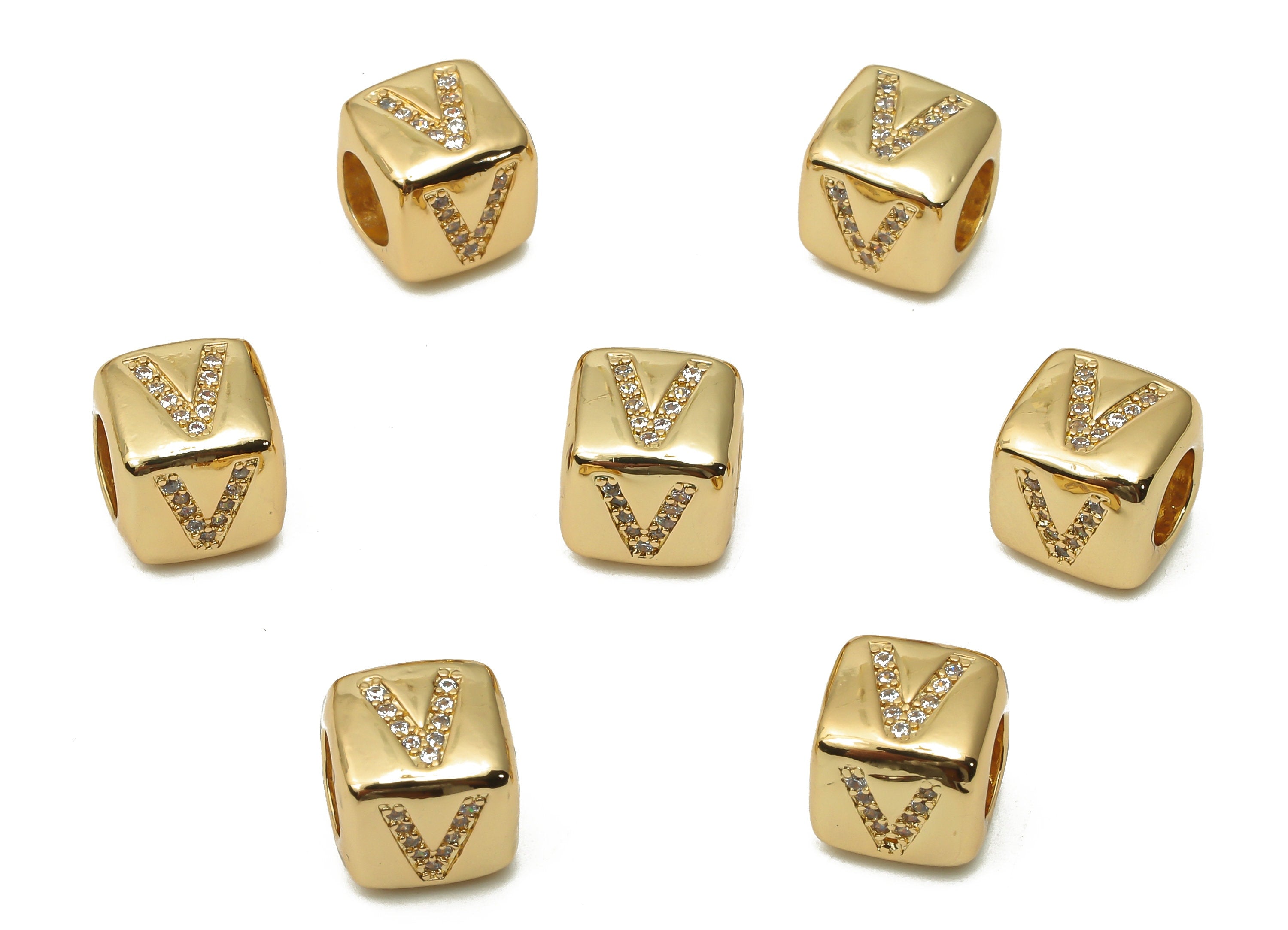Alphabet Cube Bead V With Zircon- Brass Initial Letters V Beads Bracelet - Bead Necklace- 18K Real Gold Plated- 8.63x8.63x8.46mm - RGP4782V - DOMEDBAZAAR