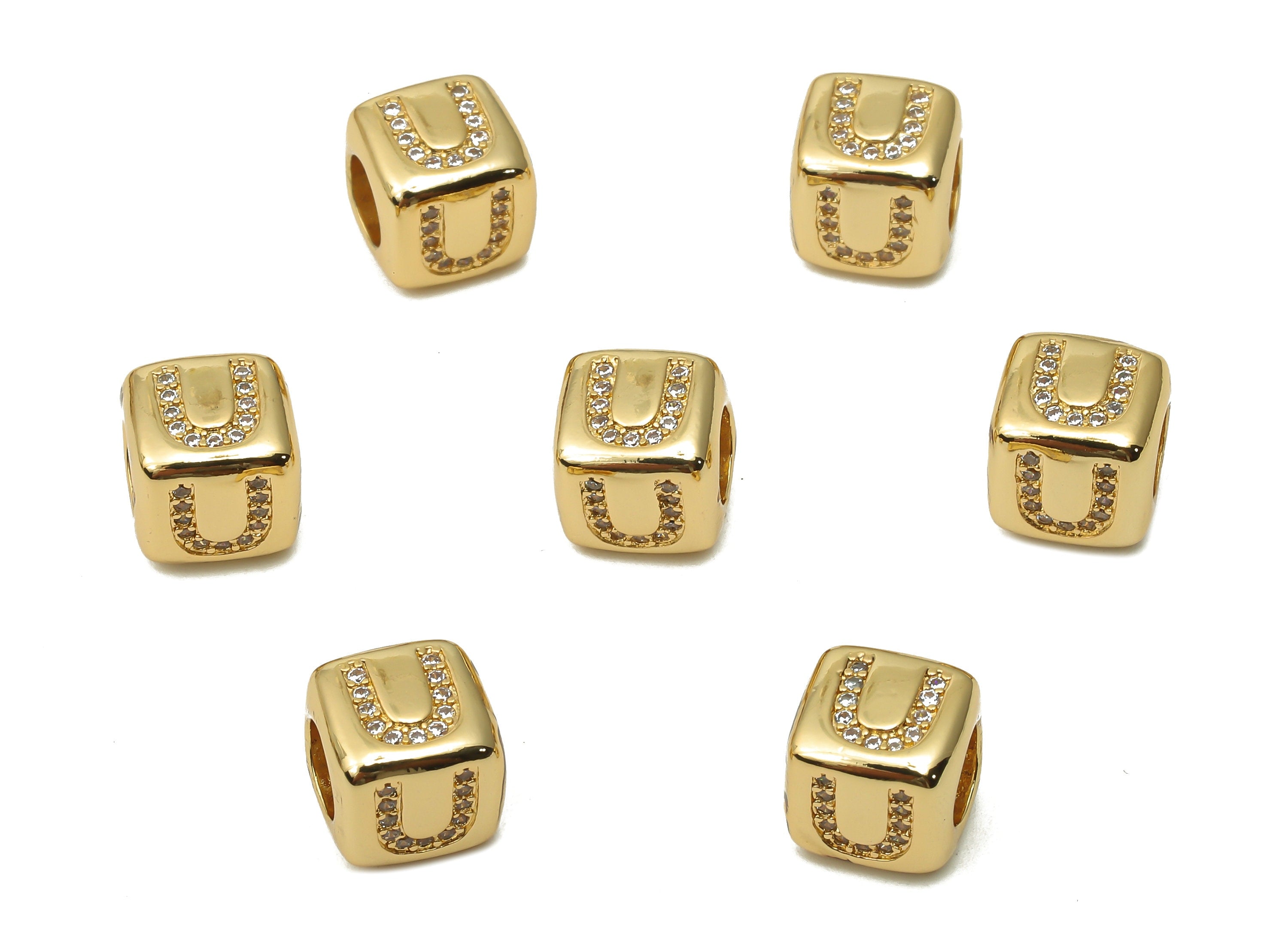 Alphabet Cube Bead U With Zircon- Brass Initial Letters U Beads Bracelet - Bead Necklace- 18K Real Gold Plated - 8.63x8.63x8.46mm - RGP4782U - DOMEDBAZAAR
