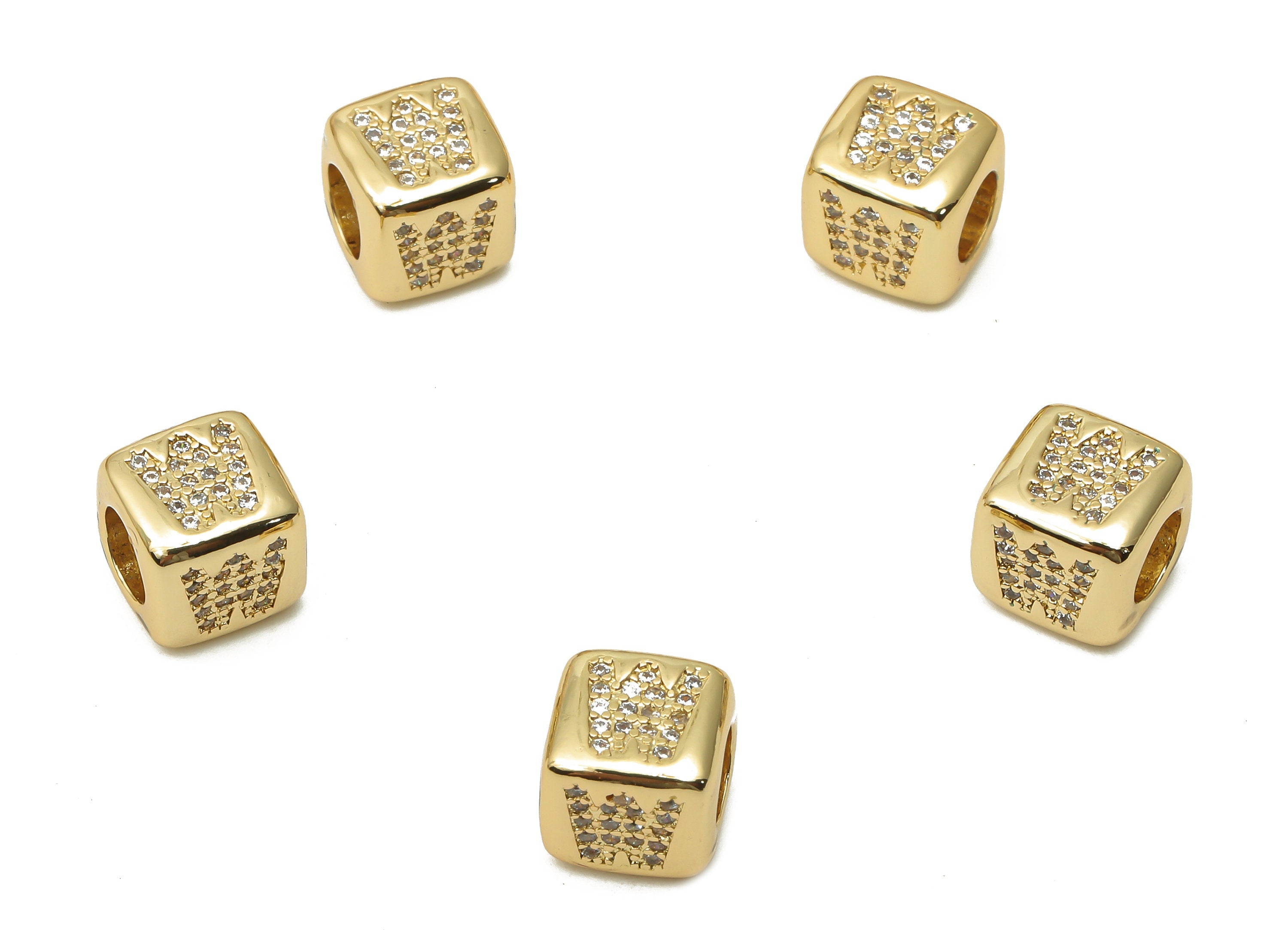 Alphabet Cube Bead W With Zircon- Brass Initial Letters W Beads Bracelet - Bead Necklace- 18K Real Gold Plated - 8.63x8.63x8.46mm - RGP4782W - DOMEDBAZAAR