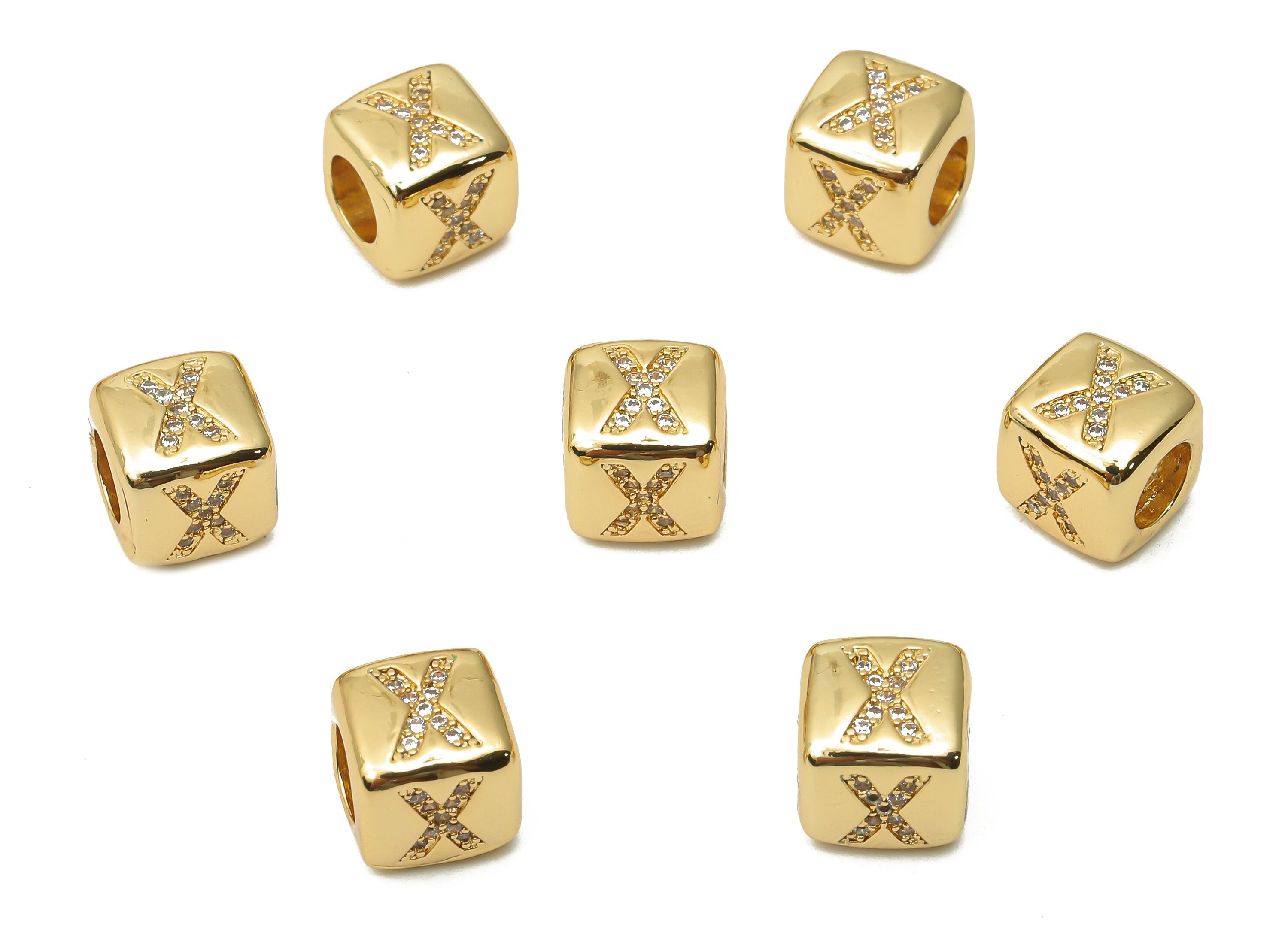 Alphabet Cube Bead X With Zircon- Brass Initial Letters X Beads Bracelet - Bead Necklace- 18K Real Gold Plated - 8.63x8.63x8.46mm - RGP4782X - DOMEDBAZAAR
