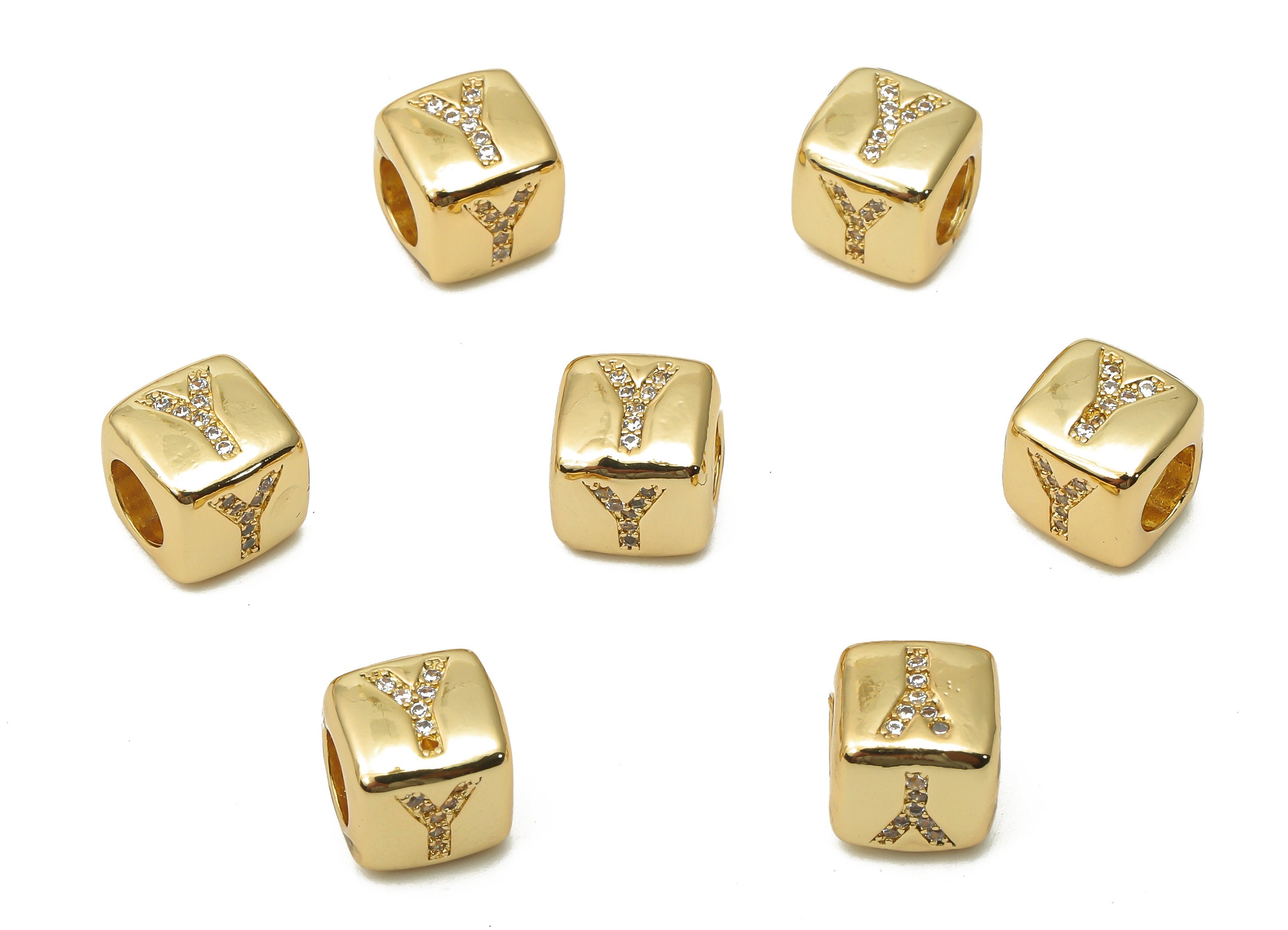 Alphabet Cube Bead Y With Zircon- Brass Initial Letters Y Beads Bracelet - Bead Necklace- 18K Real Gold Plated - 8.63x8.63x8.46mm - RGP4782Y - DOMEDBAZAAR
