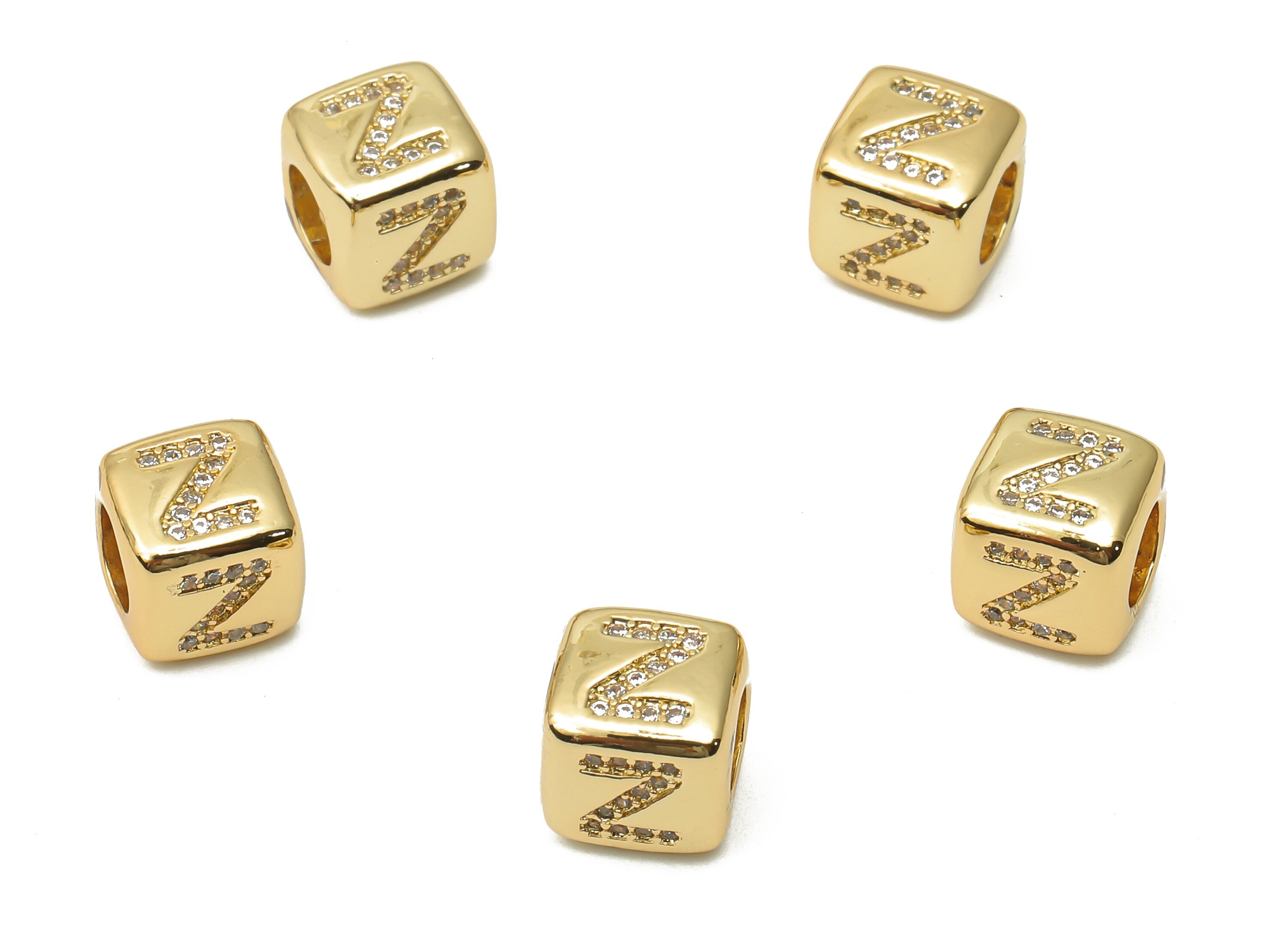 Alphabet Cube Bead Z With Zircon- Brass Initial Letters Z Beads Bracelet - Bead Necklace- 18K Real Gold Plated - 8.63x8.63x8.46mm - RGP4782Z - DOMEDBAZAAR