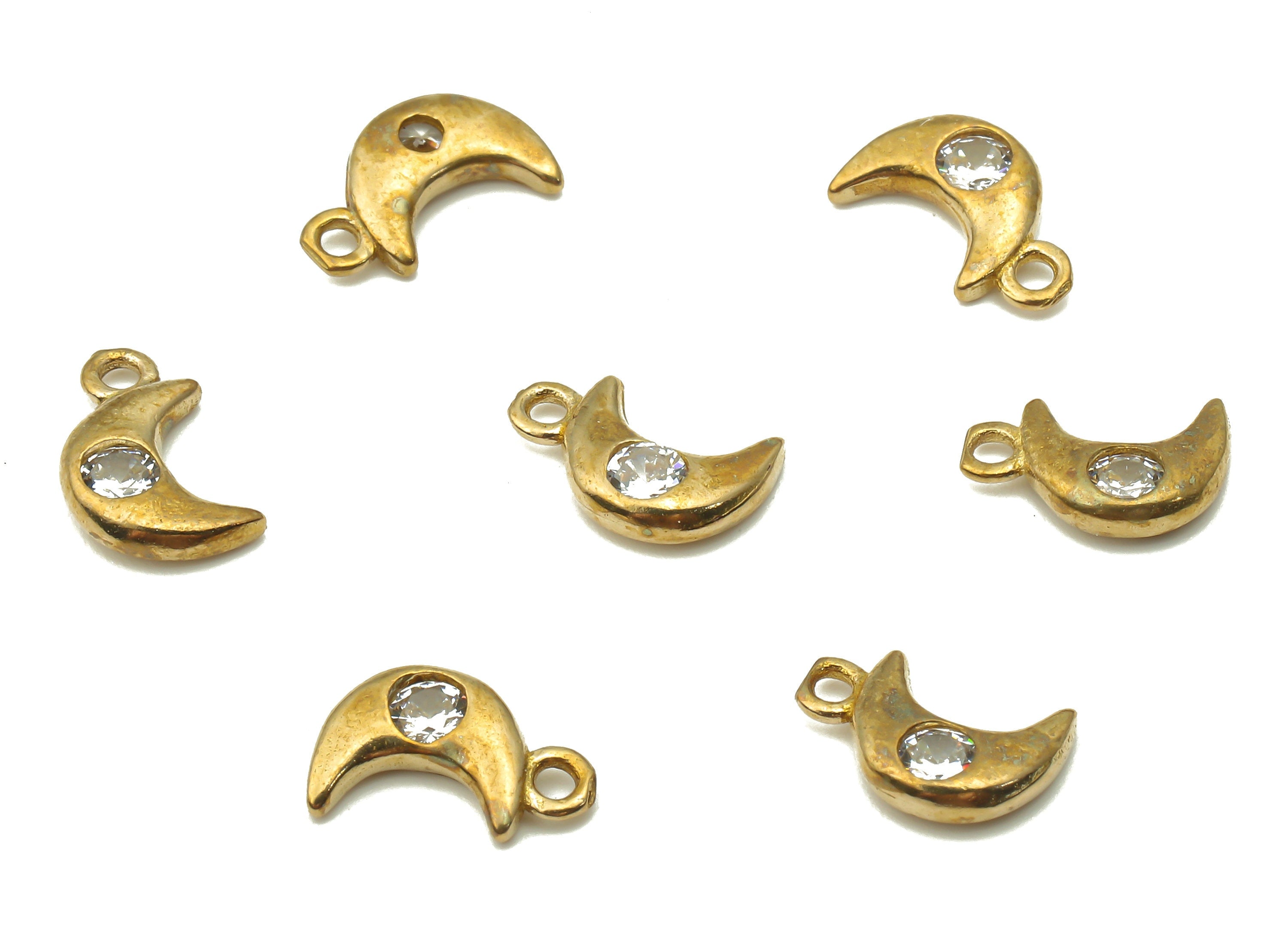 Brass Crescent Moon Charms - Raw Brass Mini Crescent Moon Earring Charm with Zircon - Brass Pendant - For Bracelet - 10.3x6.1x2.1mm - PP7690 - DOMEDBAZAAR