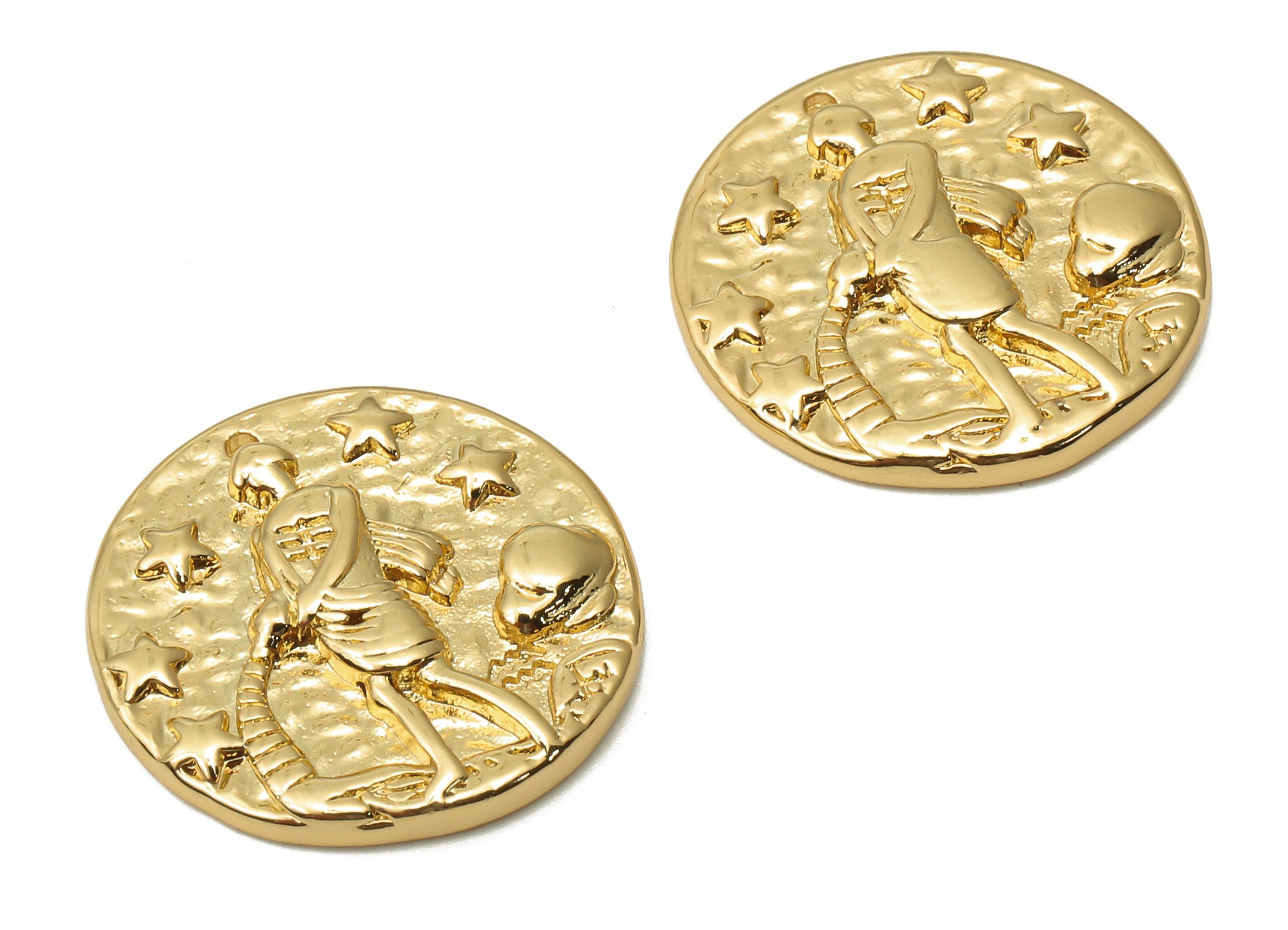 Brass Aquarius Round Earring Charm - Brass Zodiac Pendant - Horoscopes Aquarius Necklace - 18K Real Gold Plated - 19.4x19.4x3.2mm - RGP4783A - DOMEDBAZAAR