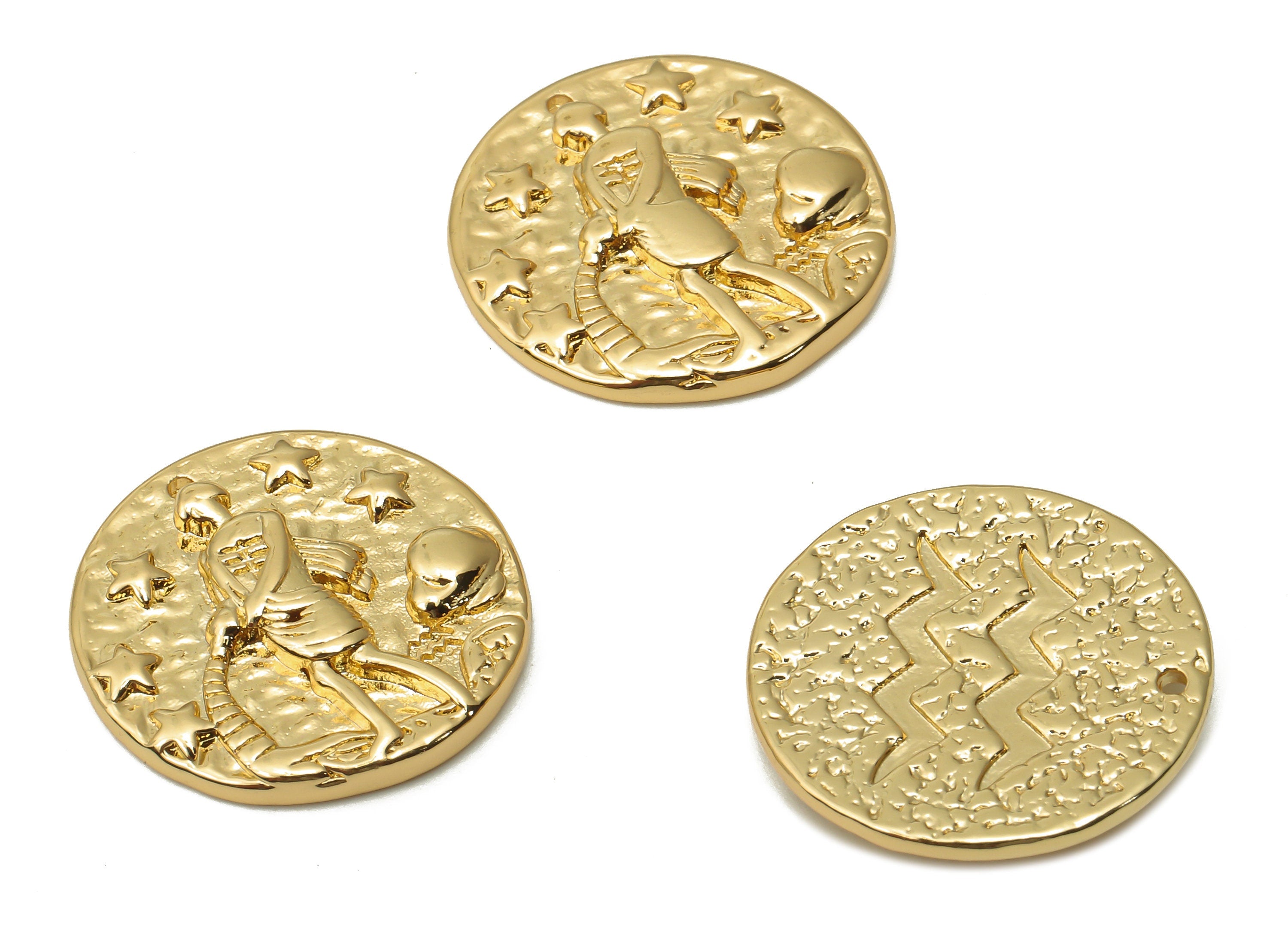 Brass Aquarius Round Earring Charm - Brass Zodiac Pendant - Horoscopes Aquarius Necklace - 18K Real Gold Plated - 19.4x19.4x3.2mm - RGP4783A - DOMEDBAZAAR